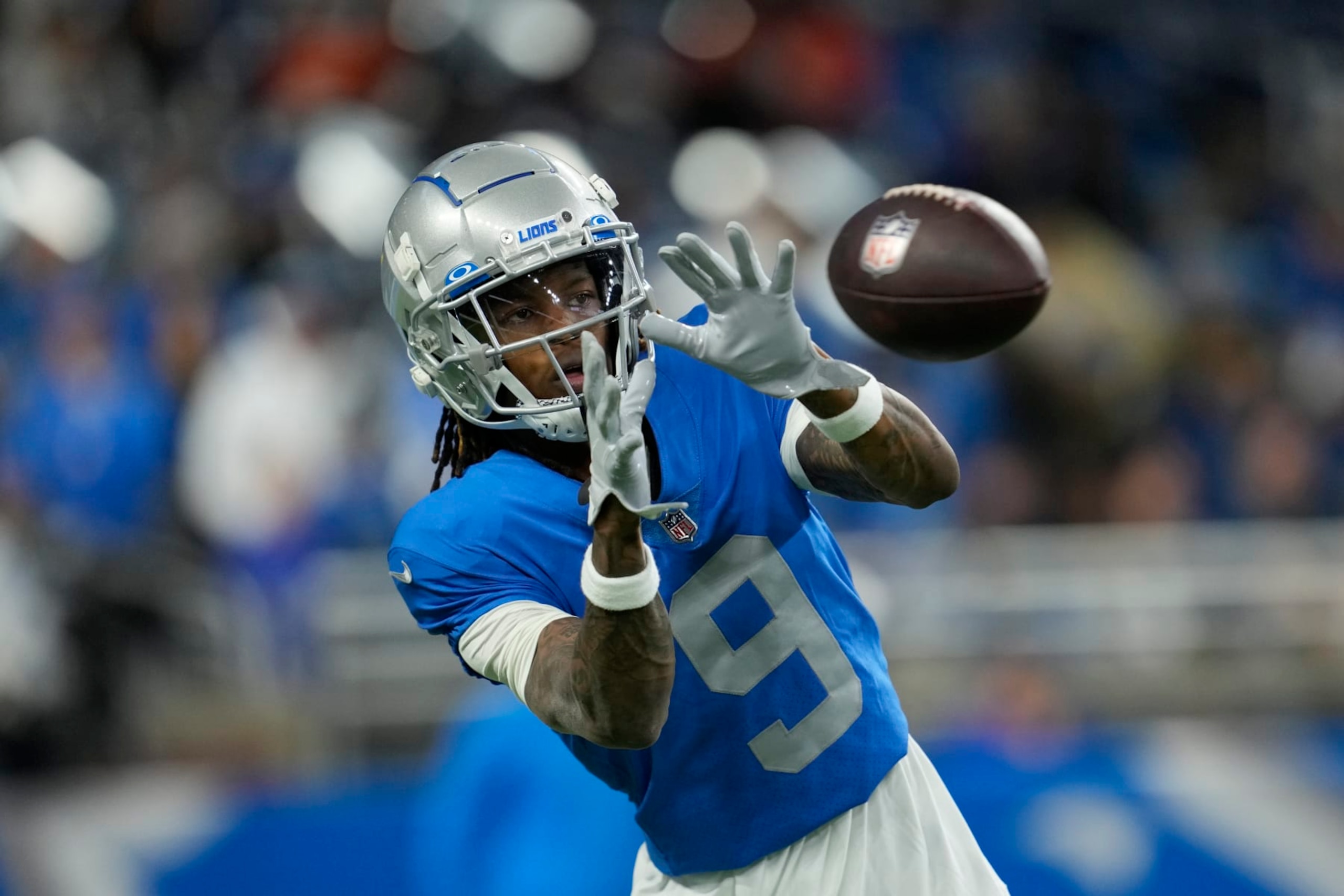 Detroit Lions wide receiver Jameson Williams warms up before the first half of an NFL football game against the Chicago Bears, Sunday, Jan. 1, 2023, in Detroit. (AP Photo/Paul Sancya) Detroit Lions wide receiver Jameson Williams warms up before the first half of an NFL football game against the Chicago Bears, Sunday, Jan. 1, 2023, in Detroit. (AP Photo/Paul Sancya)