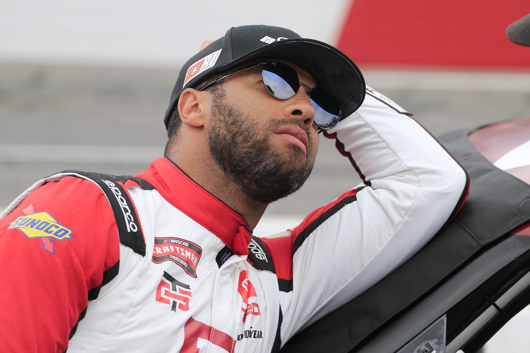 NORTH WILKESBORO, NC - MAY 20: Bubba Wallace (#1 TRICON Garage Pristine Auction Toyota) looks on prior to  the Saturday afternoon NASCAR Craftsman Truck Series Tyson 250 race on May 20, 2023 at the North Wilkesboro Speedway in North Wilkesboro, North Carolina.  (Photo by David J. Griffin/Icon Sportswire via Getty Images)