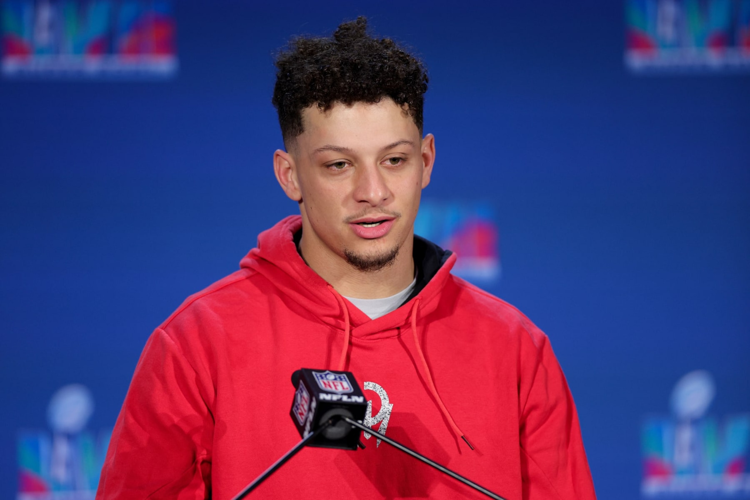 PHOENIX, ARIZONA - FEBRUARY 13: Kansas City Chiefs MVP Quarterback Patrick Mahomes speaks during a press conference at Phoenix Convention Center on February 13, 2023 in Phoenix, Arizona. (Photo by Carmen Mandato/Getty Images)