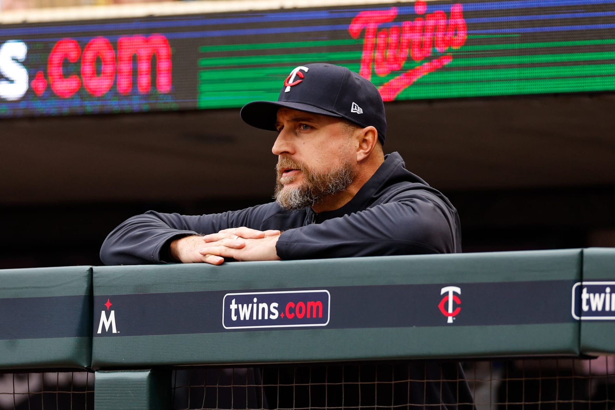 MINNEAPOLIS, MN - MAY 13: Manager Rocco Baldelli #5 of the Minnesota Twins looks on from the dugout against the Chicago Cubs in the fifth inning at Target Field on May 13, 2023 in Minneapolis, Minnesota. The Twins defeated the Cubs 11-1. (Photo by David Berding/Getty Images)