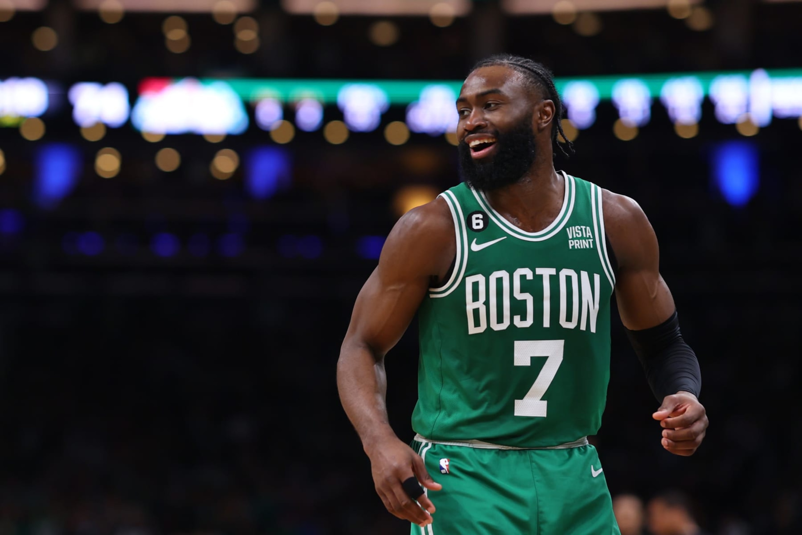 BOSTON, MASSACHUSETTS - MAY 25: Jaylen Brown #7 of the Boston Celtics reacts against the Miami Heat during the second quarter in game five of the Eastern Conference Finals at TD Garden on May 25, 2023 in Boston, Massachusetts. NOTE TO USER: User expressly acknowledges and agrees that, by downloading and or using this photograph, User is consenting to the terms and conditions of the Getty Images License Agreement. (Photo by Maddie Meyer/Getty Images)