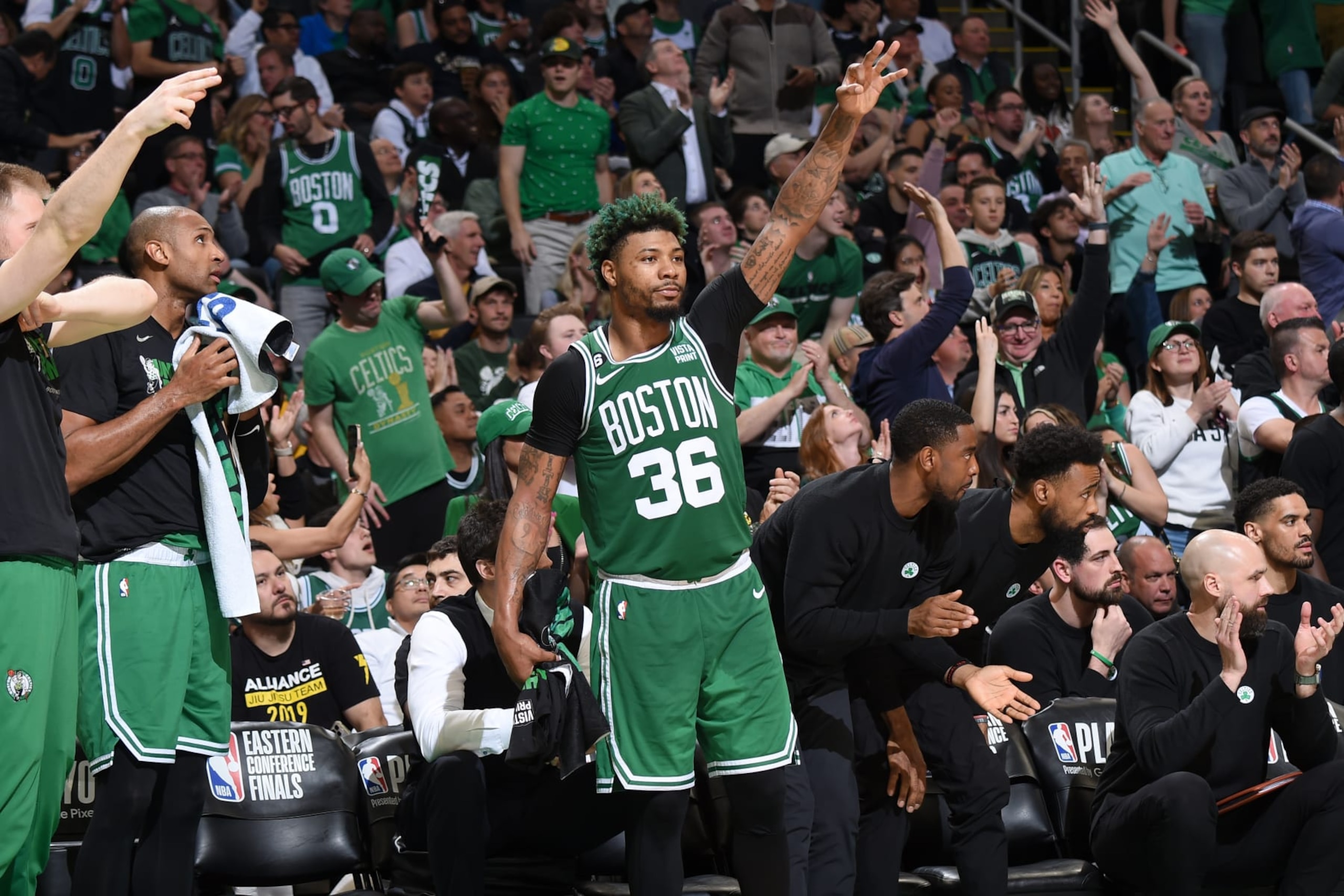 BOSTON, MA - MAY 25: Marcus Smart #36 of the Boston Celtics looks on during Game 5 of the 2023 NBA Playoffs Eastern Conference Finals on May 25, 2023 at the TD Garden in Boston, Massachusetts. NOTE TO USER: User expressly acknowledges and agrees that, by downloading and or using this photograph, User is consenting to the terms and conditions of the Getty Images License Agreement. Mandatory Copyright Notice: Copyright 2023 NBAE  (Photo by Brian Babineau/NBAE via Getty Images)