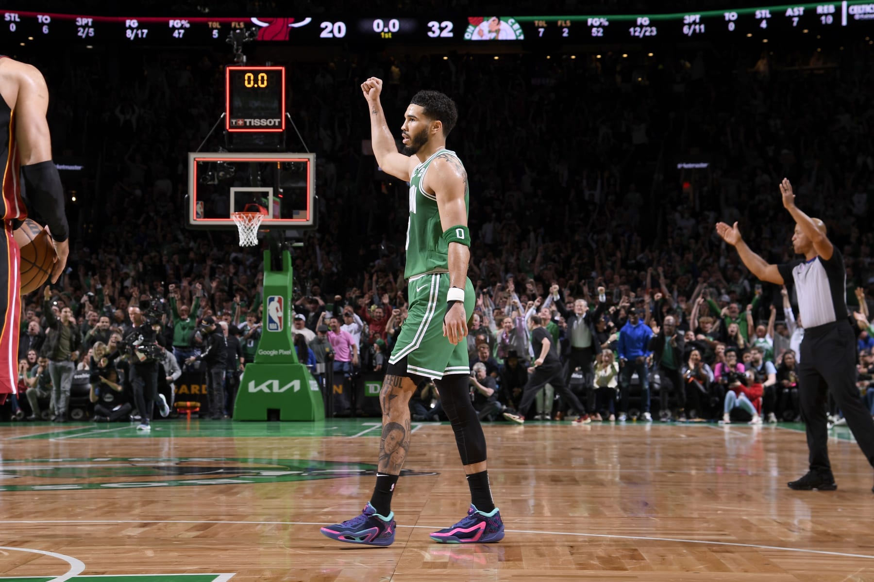 BOSTON, MA - MAY 25: Jayson Tatum #0 of the Boston Celtics looks on during Game 5 of the 2023 NBA Playoffs Eastern Conference Finals on May 25, 2023 at the TD Garden in Boston, Massachusetts. NOTE TO USER: User expressly acknowledges and agrees that, by downloading and or using this photograph, User is consenting to the terms and conditions of the Getty Images License Agreement. Mandatory Copyright Notice: Copyright 2023 NBAE  (Photo by Brian Babineau/NBAE via Getty Images)