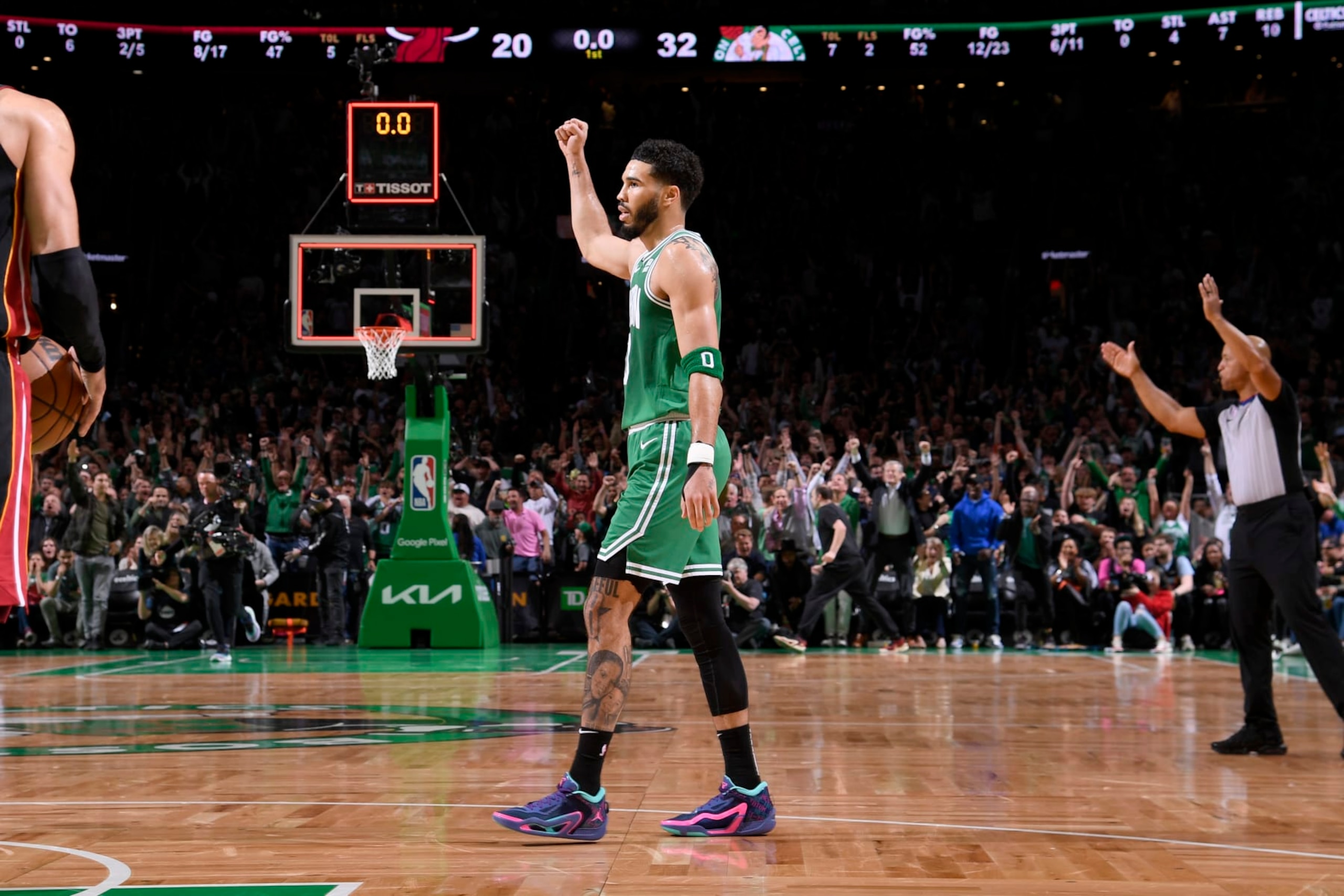 BOSTON, MA - MAY 25: Jayson Tatum #0 of the Boston Celtics looks on during Game 5 of the 2023 NBA Playoffs Eastern Conference Finals on May 25, 2023 at the TD Garden in Boston, Massachusetts. NOTE TO USER: User expressly acknowledges and agrees that, by downloading and or using this photograph, User is consenting to the terms and conditions of the Getty Images License Agreement. Mandatory Copyright Notice: Copyright 2023 NBAE  (Photo by Brian Babineau/NBAE via Getty Images)