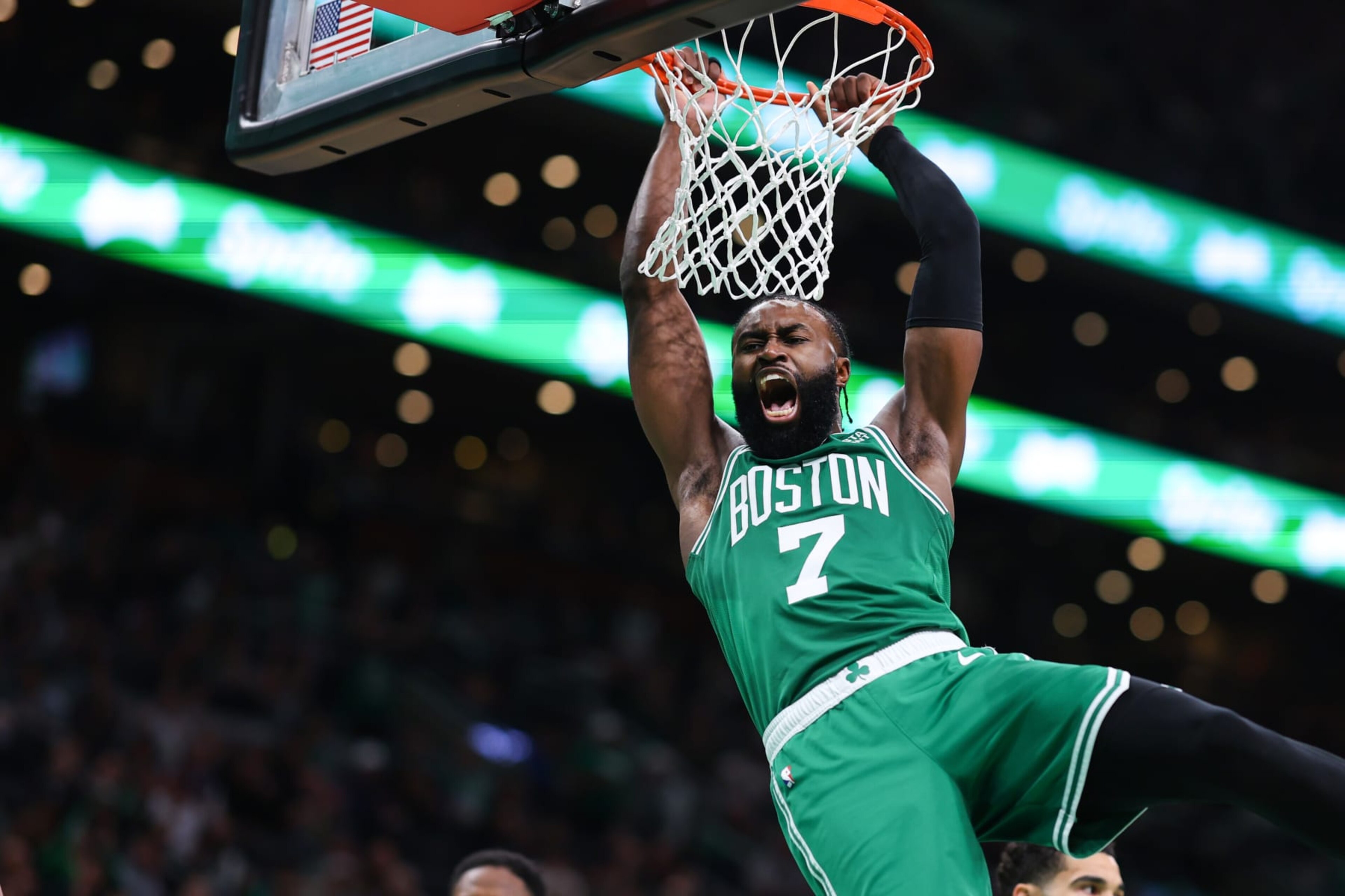 BOSTON, MASSACHUSETTS - MAY 25: Jaylen Brown #7 of the Boston Celtics dunks the ball against the Miami Heat during the third quarter in game five of the Eastern Conference Finals at TD Garden on May 25, 2023 in Boston, Massachusetts. NOTE TO USER: User expressly acknowledges and agrees that, by downloading and or using this photograph, User is consenting to the terms and conditions of the Getty Images License Agreement. (Photo by Maddie Meyer/Getty Images) BOSTON, MASSACHUSETTS - MAY 25: Jaylen Brown #7 of the Boston Celtics dunks the ball against the Miami Heat during the third quarter in game five of the Eastern Conference Finals at TD Garden on May 25, 2023 in Boston, Massachusetts. NOTE TO USER: User expressly acknowledges and agrees that, by downloading and or using this photograph, User is consenting to the terms and conditions of the Getty Images License Agreement. (Photo by Maddie Meyer/Getty Images)