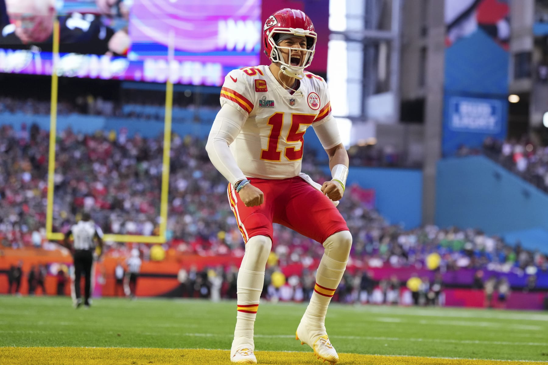 GLENDALE, AZ - FEBRUARY 12: Patrick Mahomes #15 of the Kansas City Chiefs yells against the Philadelphia Eagles after Super Bowl LVII at State Farm Stadium on February 12, 2023 in Glendale, Arizona. The Chiefs defeated the Eagles 38-35. (Photo by Cooper Neill/Getty Images)