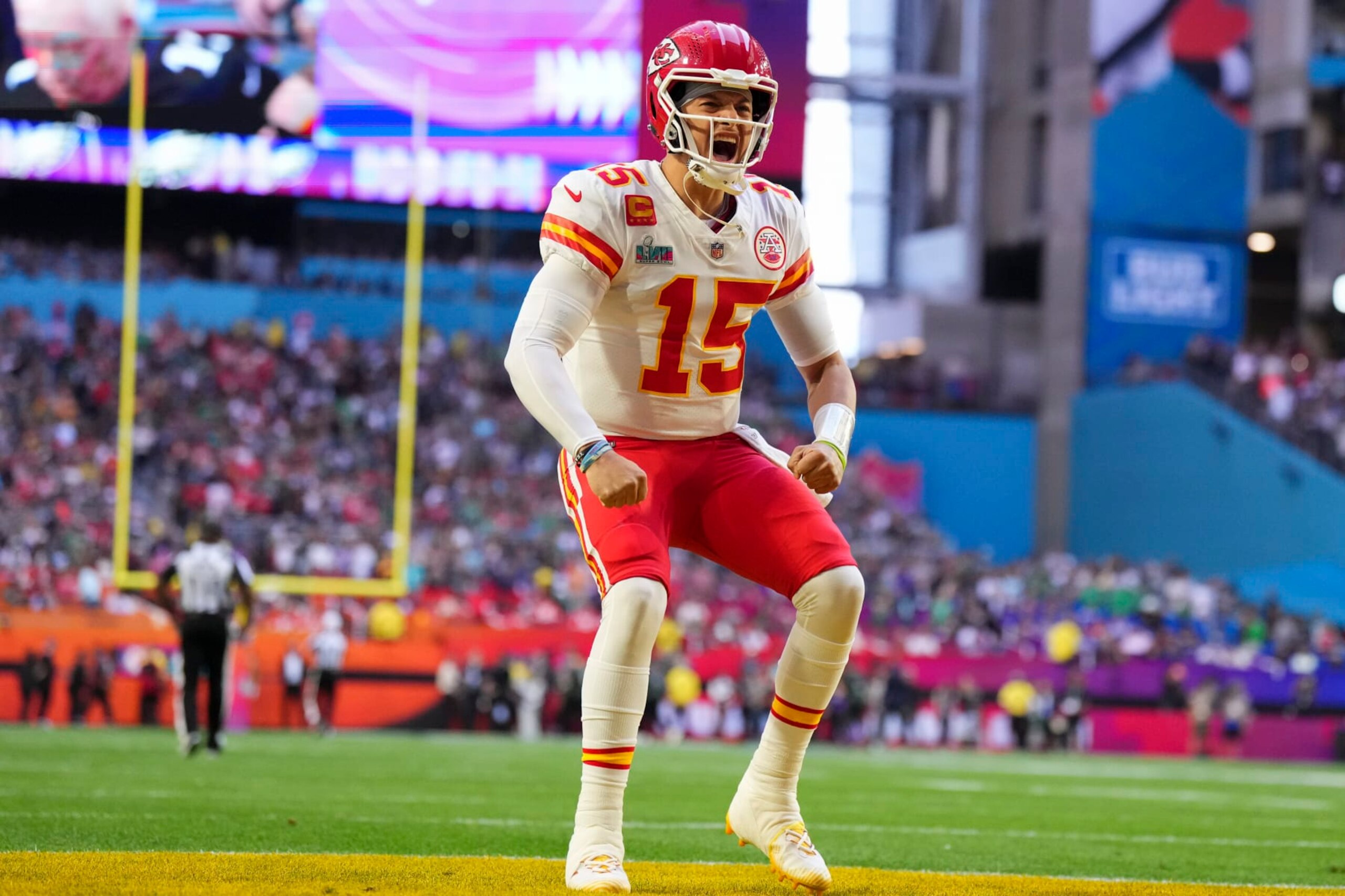 GLENDALE, AZ - FEBRUARY 12: Patrick Mahomes #15 of the Kansas City Chiefs yells against the Philadelphia Eagles after Super Bowl LVII at State Farm Stadium on February 12, 2023 in Glendale, Arizona. The Chiefs defeated the Eagles 38-35. (Photo by Cooper Neill/Getty Images)