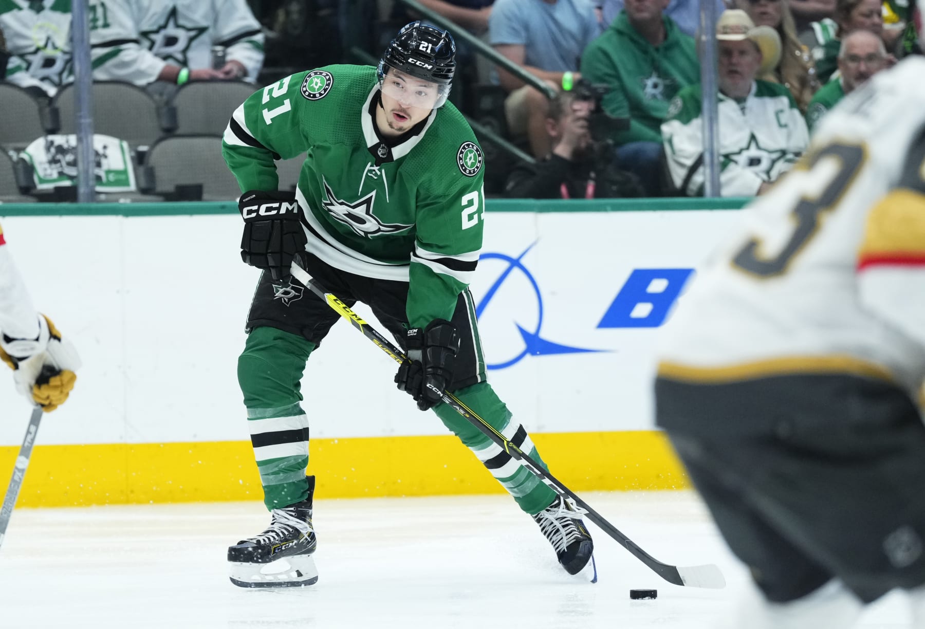 DALLAS, TEXAS - MAY 25: Jason Robertson #21 of the Dallas Stars skates during the second period against the Vegas Golden Knights in Game Four of the Western Conference Final of the 2023 Stanley Cup Playoffs at American Airlines Center on May 25, 2023 in Dallas, Texas. (Photo by Jeff Bottari/NHLI via Getty Images)
