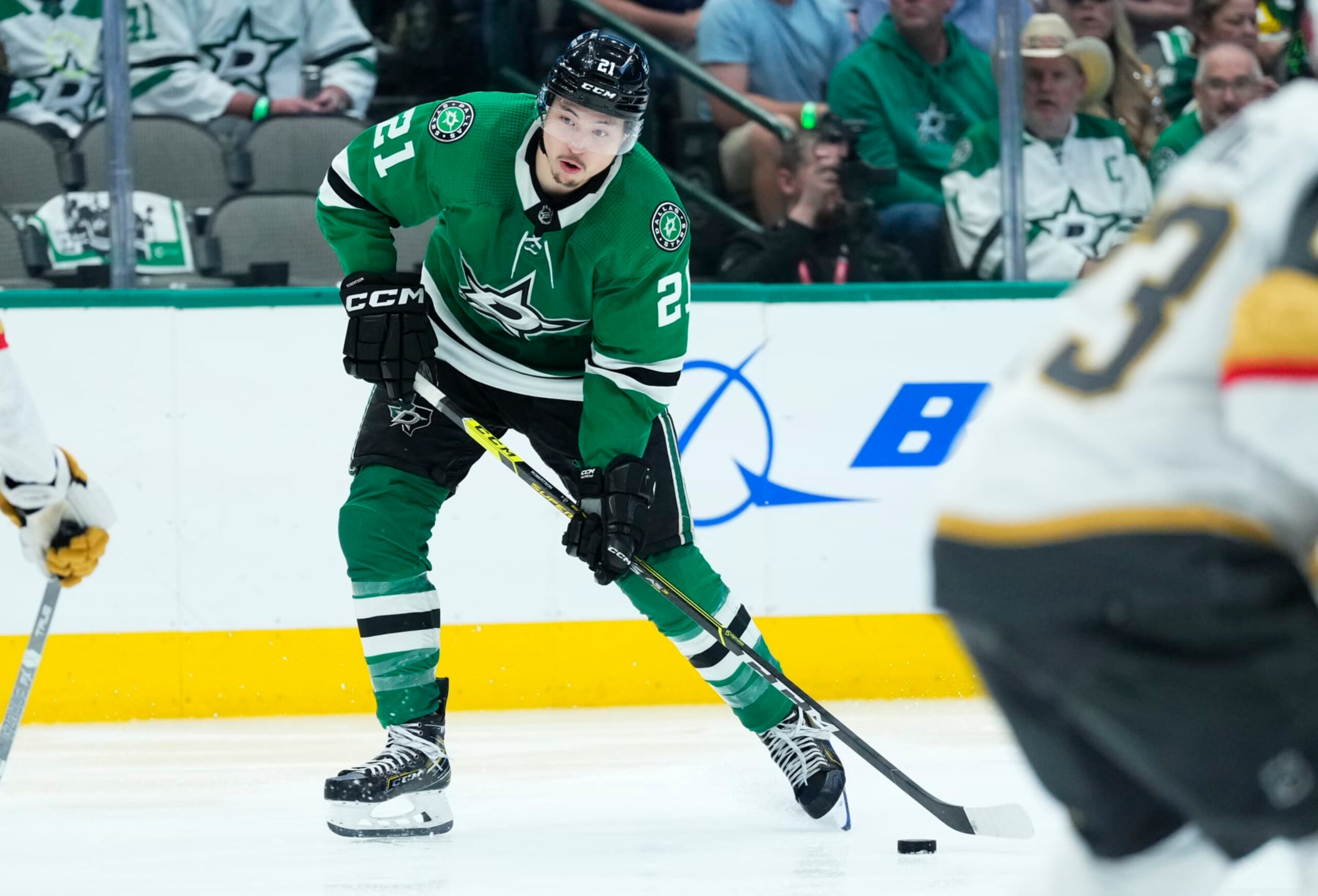DALLAS, TEXAS - MAY 25: Jason Robertson #21 of the Dallas Stars skates during the second period against the Vegas Golden Knights in Game Four of the Western Conference Final of the 2023 Stanley Cup Playoffs at American Airlines Center on May 25, 2023 in Dallas, Texas. (Photo by Jeff Bottari/NHLI via Getty Images)