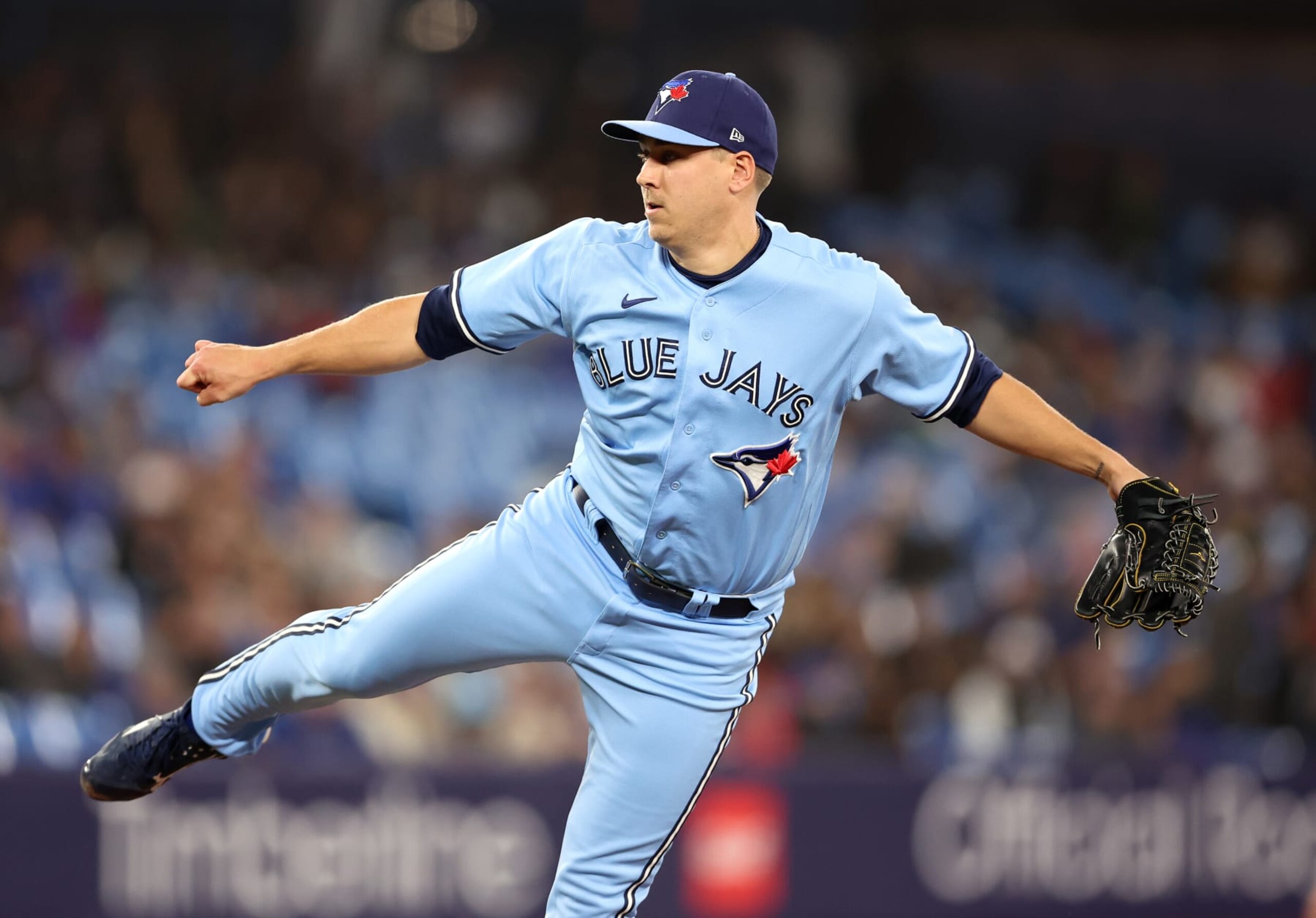 TORONTO, ON - APRIL 26:  Erik Swanson #50 of the Toronto Blue Jays delivers a pitch against the Chicago White Sox at Rogers Centre on April 26, 2023 in Toronto, Ontario, Canada.  (Photo by Vaughn Ridley/Getty Images)