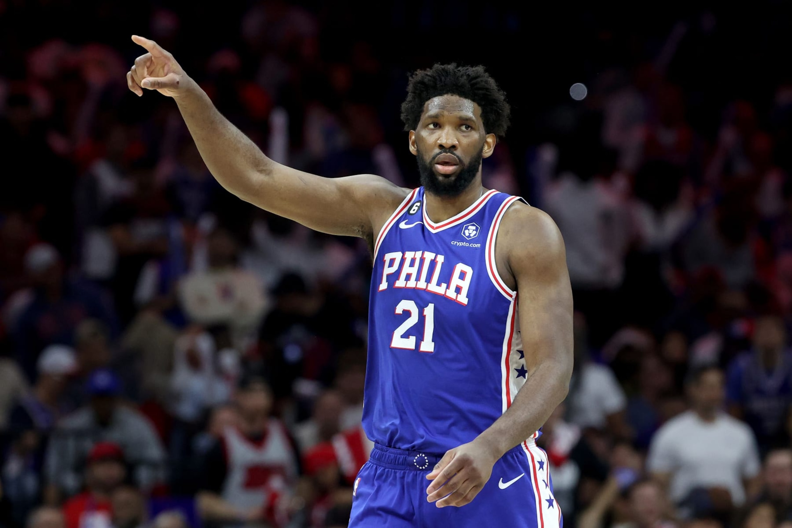 PHILADELPHIA, PENNSYLVANIA - MAY 11: Joel Embiid #21 of the Philadelphia 76ers points against the Boston Celtics during the fourth quarter in game six of the Eastern Conference Semifinals in the 2023 NBA Playoffs at Wells Fargo Center on May 11, 2023 in Philadelphia, Pennsylvania. NOTE TO USER: User expressly acknowledges and agrees that, by downloading and or using this photograph, User is consenting to the terms and conditions of the Getty Images License Agreement. (Photo by Tim Nwachukwu/Getty Images)