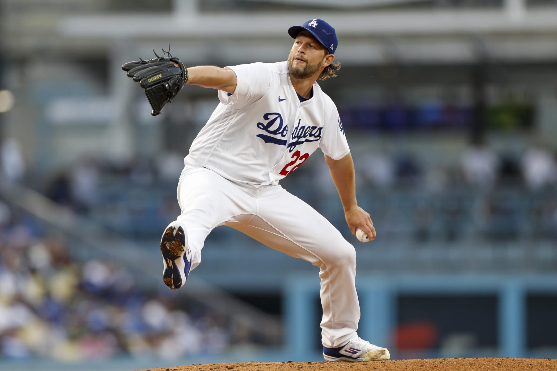 LOS ANGELES, CA - APRIL 29: Los Angeles Dodgers starting pitcher Clayton Kershaw (22) throws to the plate during a regular season game between the St. Louis Cardinals and Los Angeles Dodgers on April 29, 2023 at Dodger Stadium in Los Angeles, CA. (Photo by Brandon Sloter/Icon Sportswire via Getty Images)