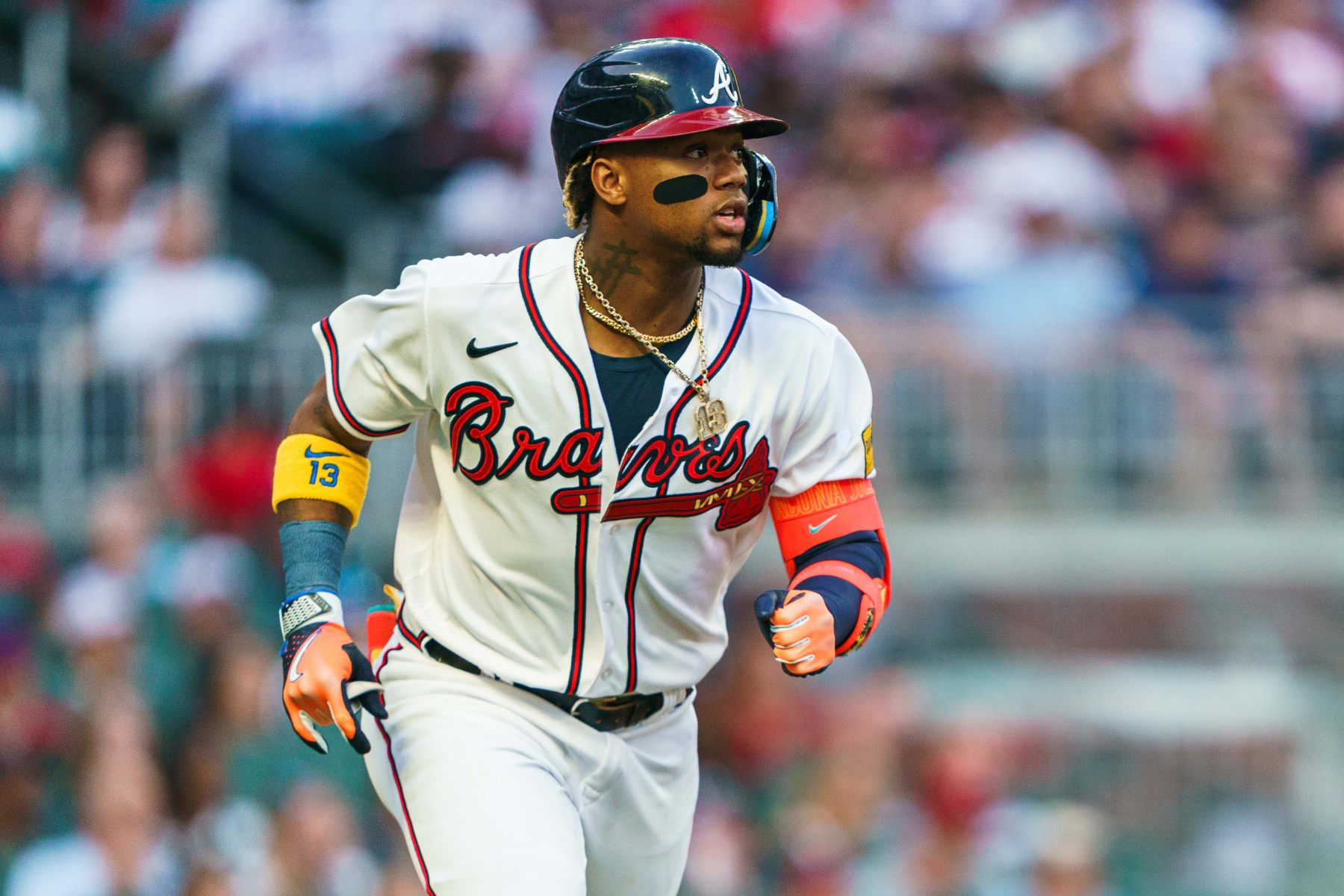 ATLANTA, GA - MAY 25: Ronald Acuña Jr. #13 of the Atlanta Braves doubles during the third inning during the game against the Philadelphia Phillies at Truist Park on May 25, 2023 in Atlanta, Georgia. (Photo by Matthew Grimes Jr./Atlanta Braves/Getty Images)