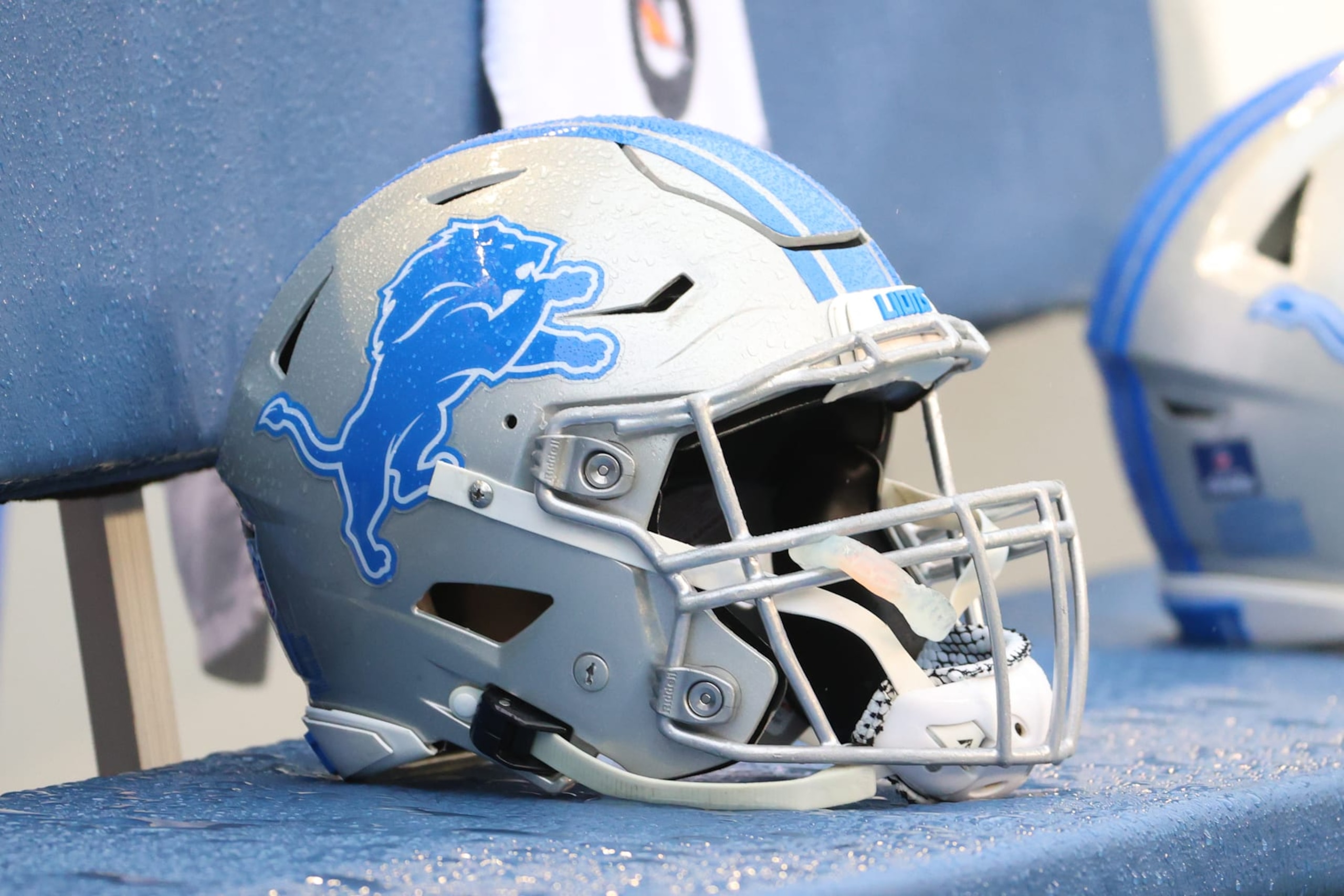 SEATTLE, WASHINGTON - JANUARY 02: A general view of a Detroit Lions helmet before a game against the Seattle Seahawks at Lumen Field on January 02, 2022 in Seattle, Washington. (Photo by Abbie Parr/Getty Images)