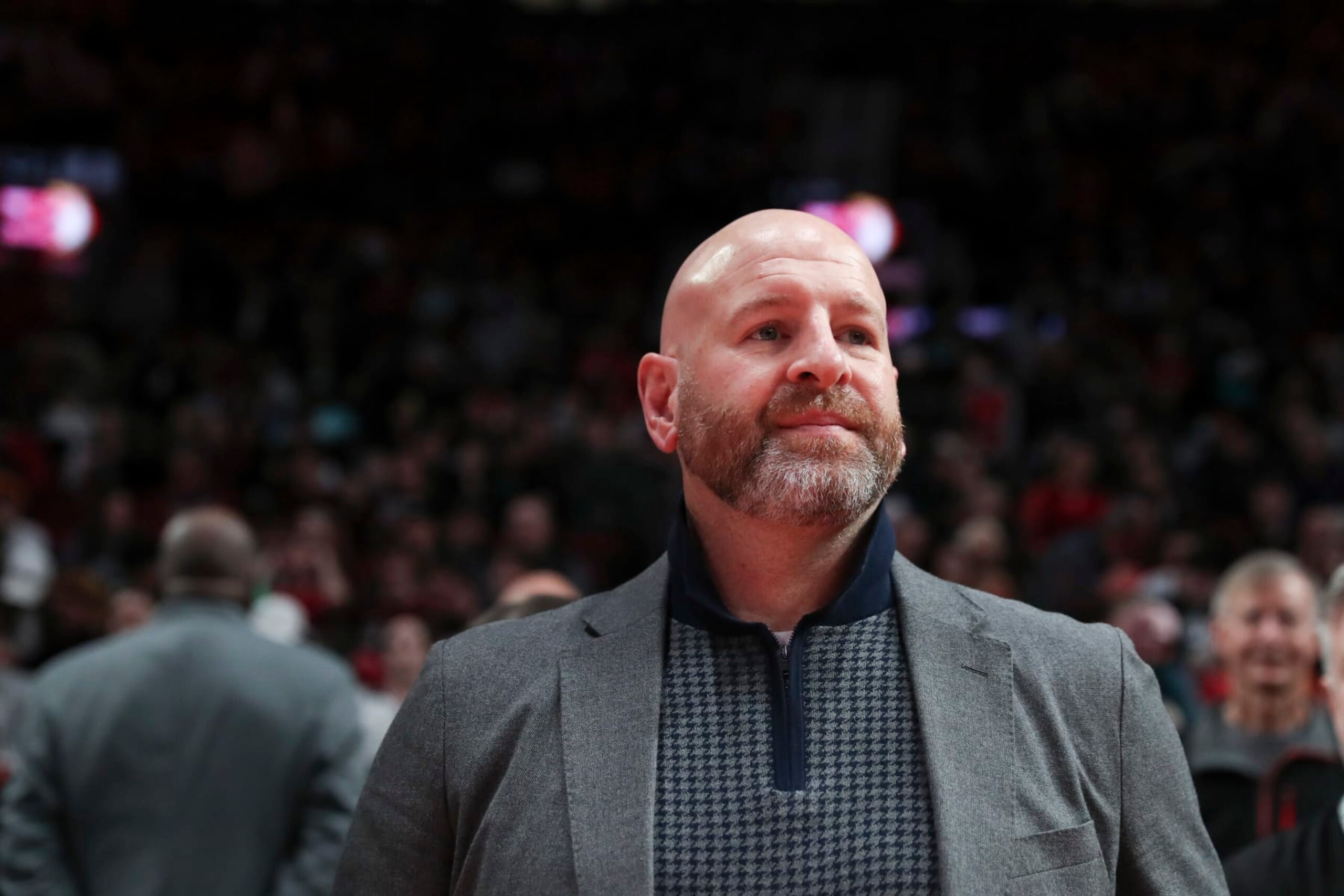 PORTLAND, OREGON - JANUARY 02: Portland Trail Blazers general manager Joe Cronin stands courtside prior to a game between the Trail Blazers and the Detroit Pistons at Moda Center on January 02, 2023 in Portland, Oregon. NOTE TO USER: User expressly acknowledges and agrees that, by downloading and or using this photograph, User is consenting to the terms and conditions of the Getty Images License Agreement.  (Photo by Amanda Loman/Getty Images)