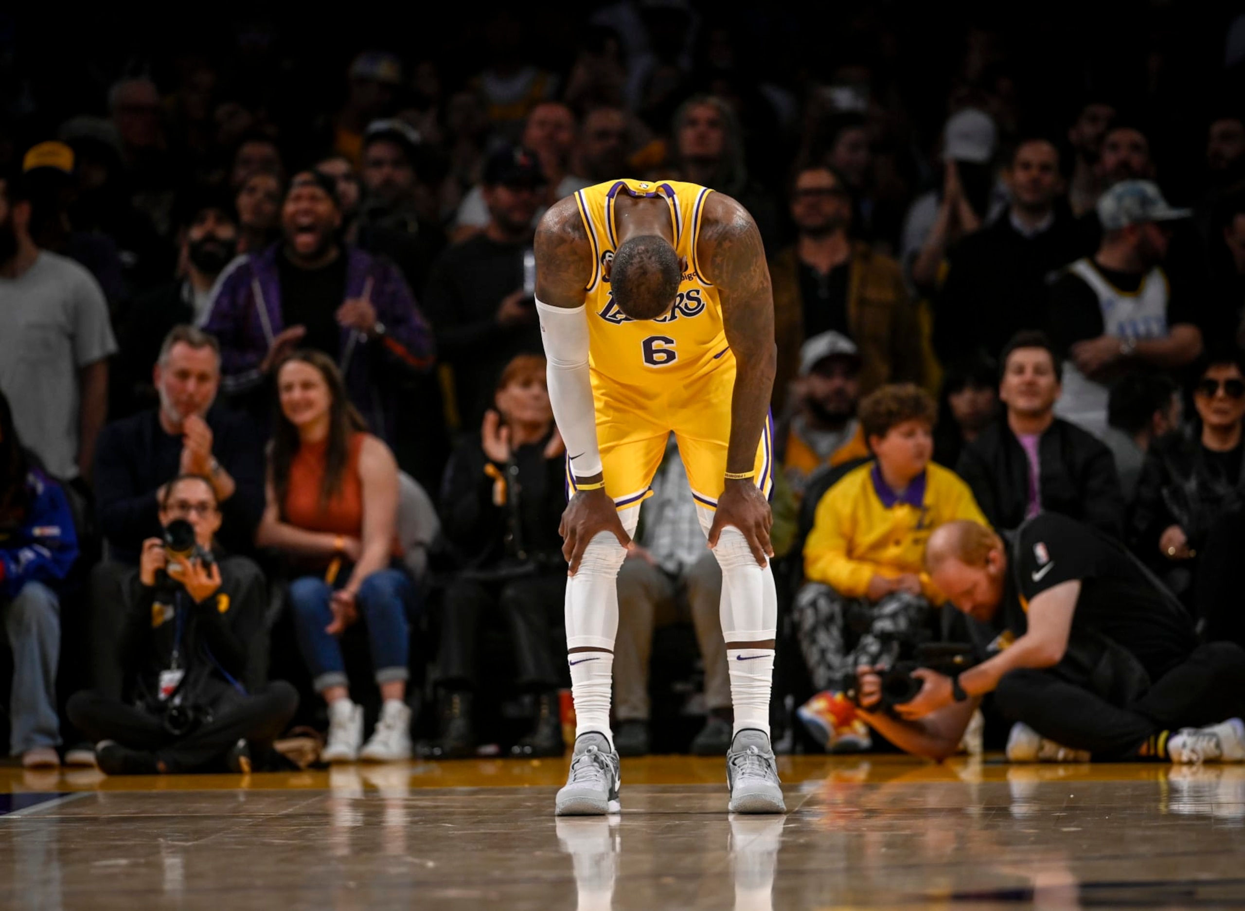 LOS ANGELES, CA - MAY 22: LeBron James (6) of the Los Angeles Lakers hangs his head during the fourth quarter of the Denver Nuggets' 113-111 Western Conference finals game 4 win at Crypto.com Arena in Los Angeles on Monday, May 22, 2023. The Nuggets swept the best-of-seven series 4-0 to advance to their first NBA Finals in franchise history. (Photo by AAron Ontiveroz/The Denver Post)