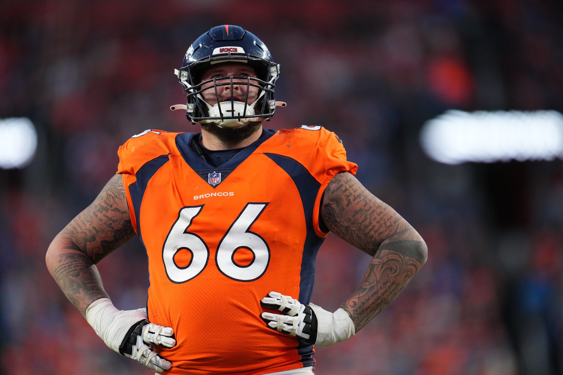 DENVER, COLORADO - DECEMBER 12: Dalton Risner #66 of the Denver Broncos gets set against the Detroit Lions during an NFL game at Empower Field At Mile High on December 12, 2021 in Denver, Colorado. (Photo by Cooper Neill/Getty Images)
