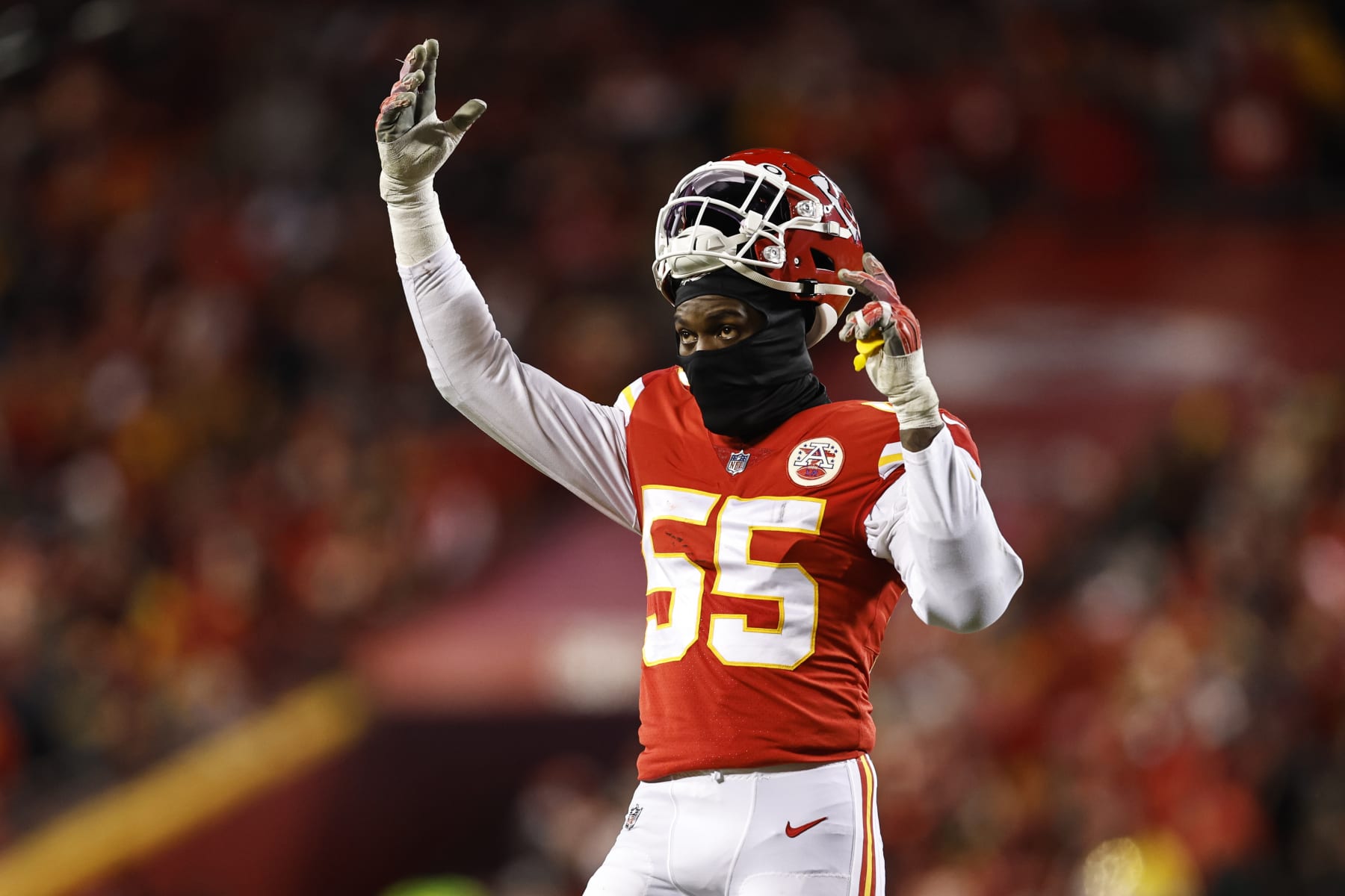 KANSAS CITY, MISSOURI - JANUARY 29: Frank Clark #55 of the Kansas City Chiefs reacts during the AFC Championship NFL football game between the Kansas City Chiefs and the Cincinnati Bengals at GEHA Field at Arrowhead Stadium on January 29, 2023 in Kansas City, Missouri. (Photo by Michael Owens/Getty Images)