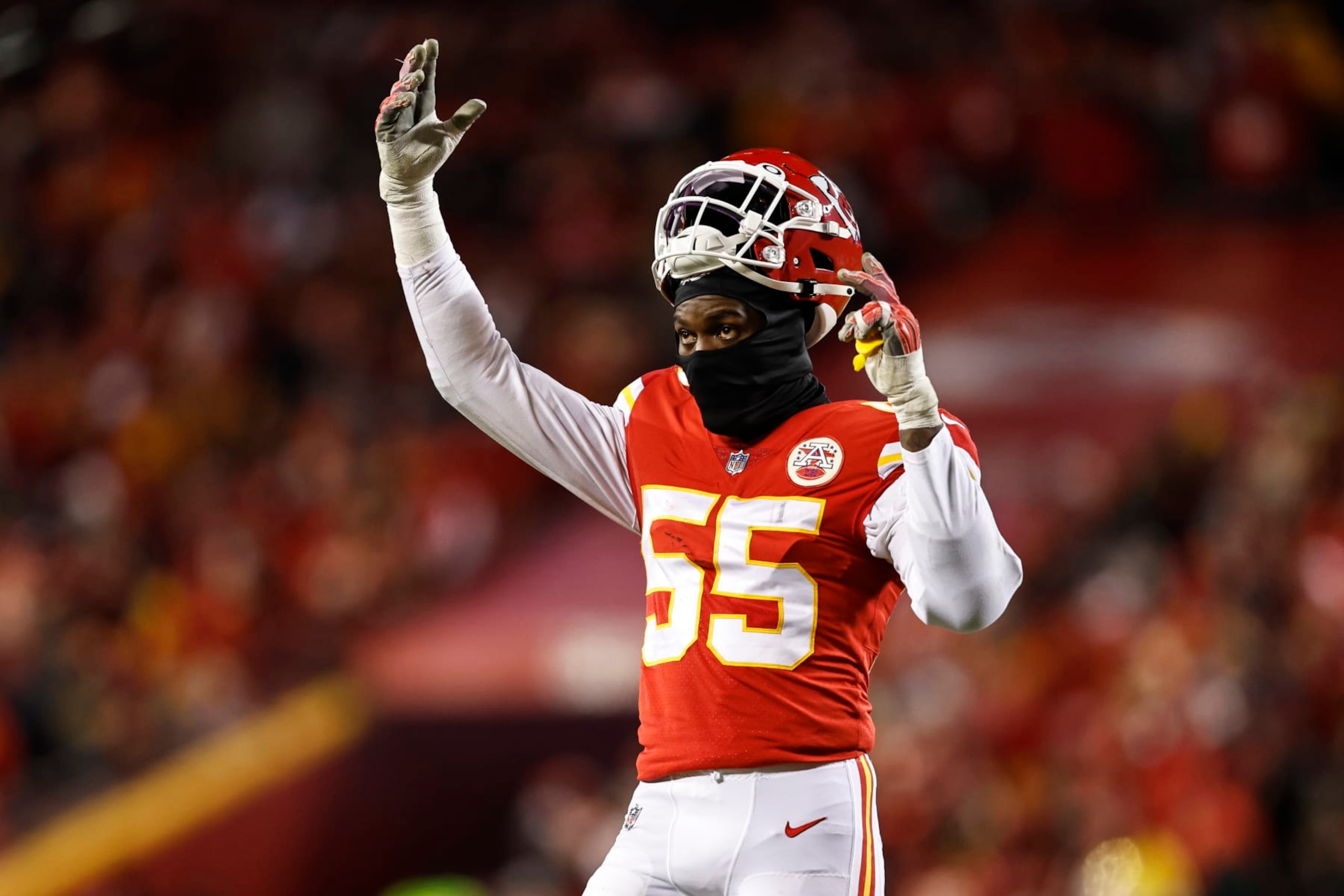 KANSAS CITY, MISSOURI - JANUARY 29: Frank Clark #55 of the Kansas City Chiefs reacts during the AFC Championship NFL football game between the Kansas City Chiefs and the Cincinnati Bengals at GEHA Field at Arrowhead Stadium on January 29, 2023 in Kansas City, Missouri. (Photo by Michael Owens/Getty Images)