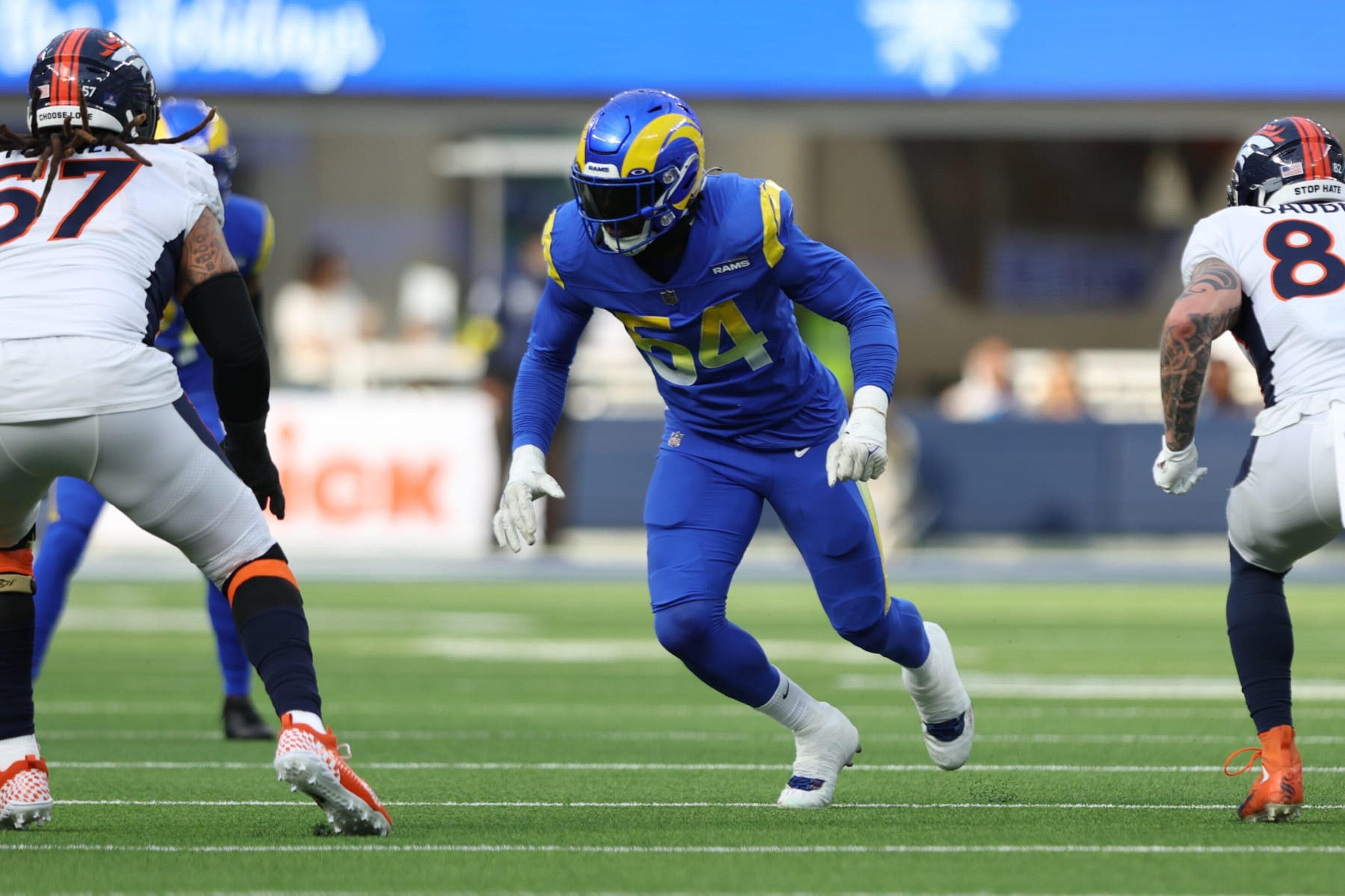 INGLEWOOD, CA - DECEMBER 25: Los Angeles Rams linebacker Leonard Floyd (54) during the NFL game between the Denver Broncos and the Los Angeles Rams on December 25, 2022, at SoFi Stadium in Inglewood, CA. (Photo by Jordon Kelly/Icon Sportswire via Getty Images) INGLEWOOD, CA - DECEMBER 25: Los Angeles Rams linebacker Leonard Floyd (54) during the NFL game between the Denver Broncos and the Los Angeles Rams on December 25, 2022, at SoFi Stadium in Inglewood, CA. (Photo by Jordon Kelly/Icon Sportswire via Getty Images)