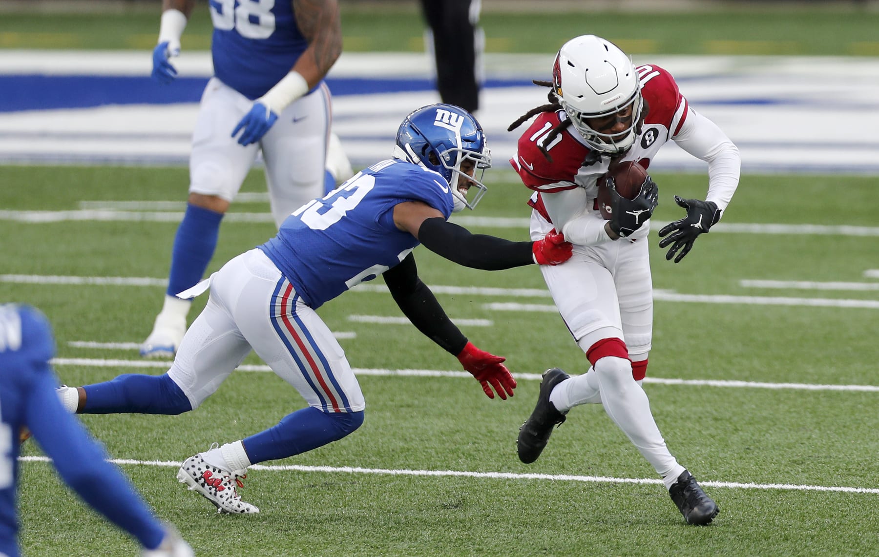 EAST RUTHERFORD, NEW JERSEY - DECEMBER 13: (NEW YORK DAILIES OUT)  DeAndre Hopkins #10 of the Arizona Cardinals in action against Logan Ryan #23 of the New York Giants at MetLife Stadium on December 13, 2020 in East Rutherford, New Jersey. The Cardinals defeated the Giants 26-7. (Photo by Jim McIsaac/Getty Images)