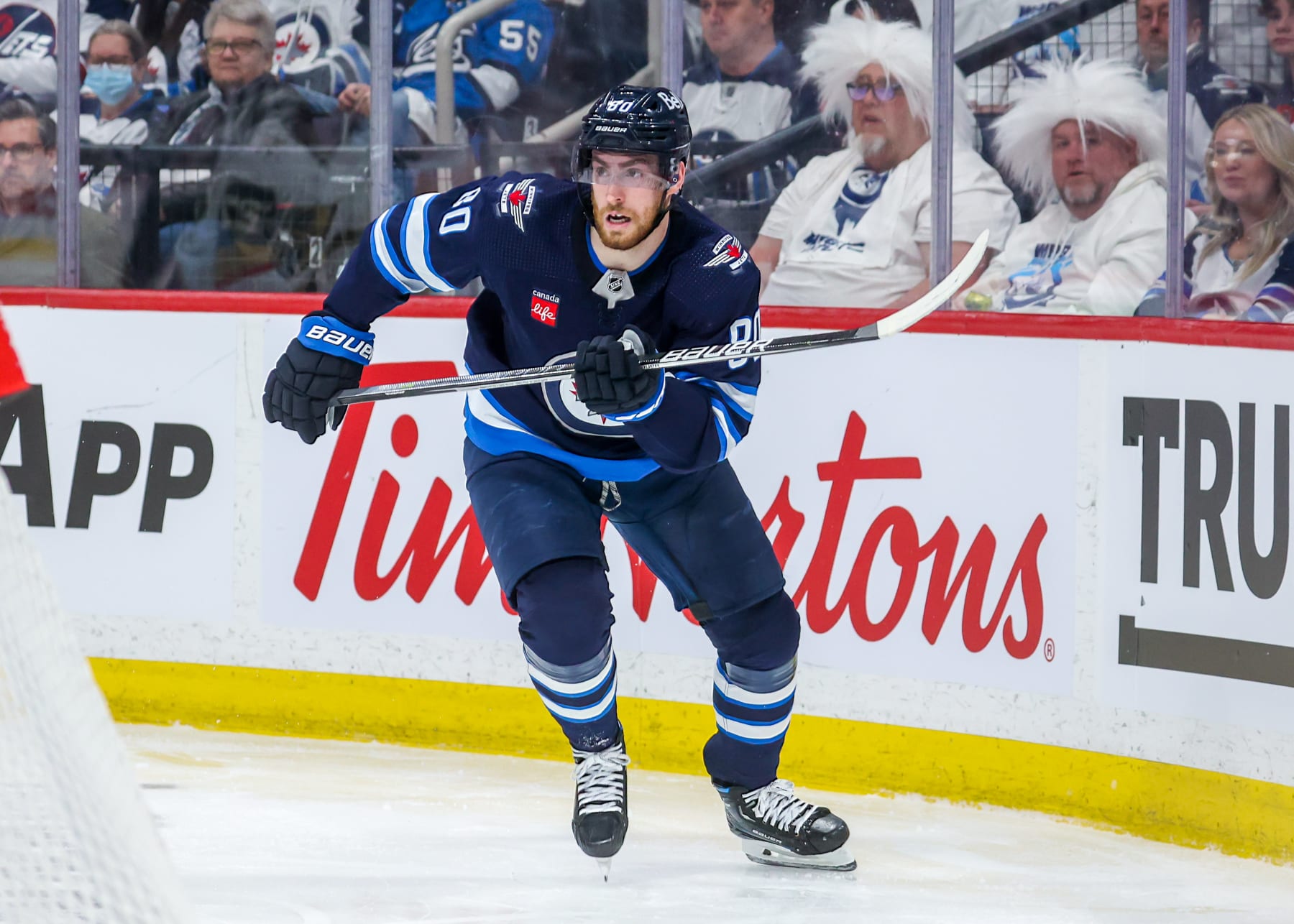WINNIPEG, CANADA - APRIL 24: Pierre-Luc Dubois #80 of the Winnipeg Jets skates during second period action against the Vegas Golden Knights in Game Four of the First Round of the 2023 Stanley Cup Playoffs at Canada Life Centre on April 24, 2023 in Winnipeg, Manitoba, Canada. (Photo by Jonathan Kozub/NHLI via Getty Images)