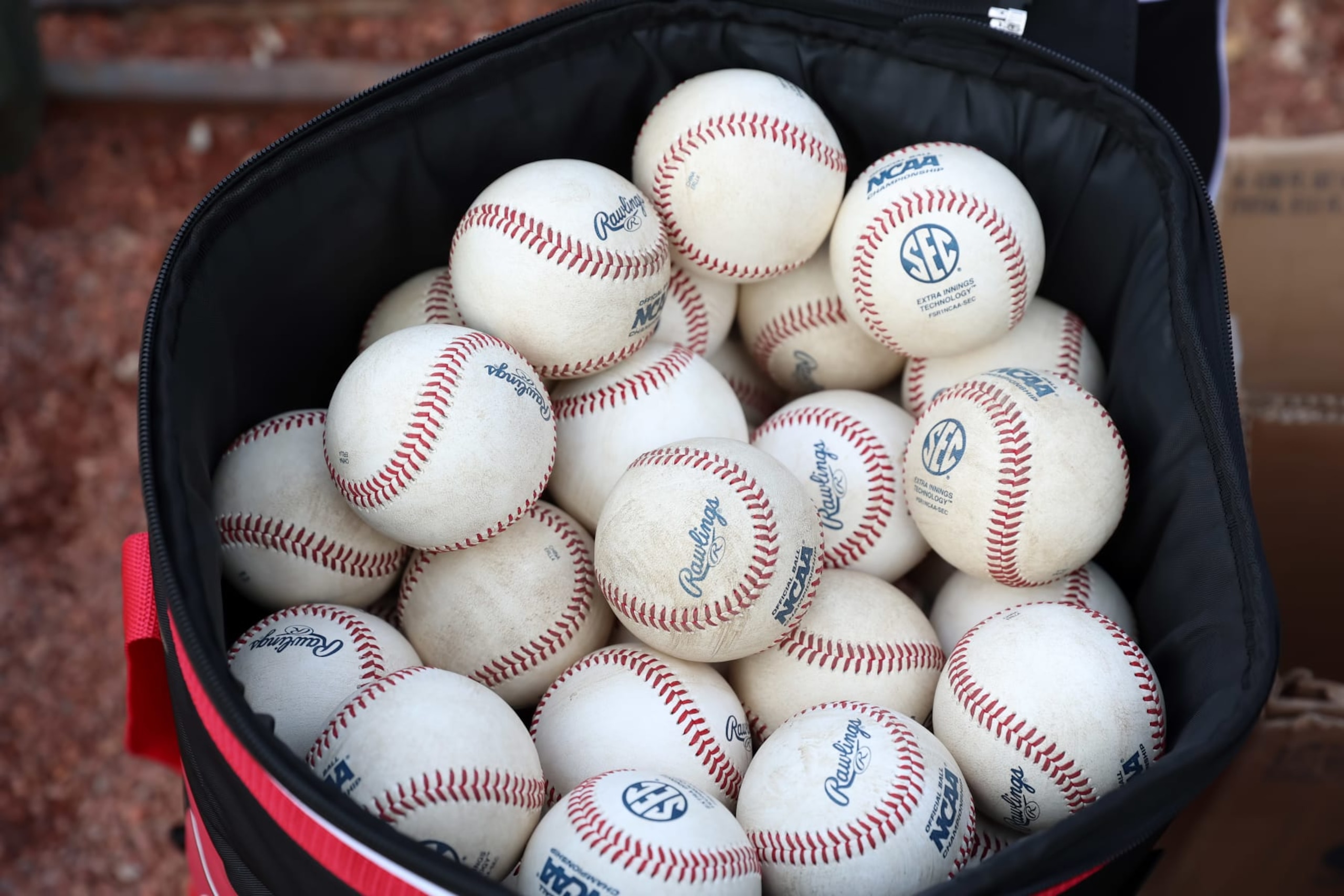 HOOVER, AL - MAY 24: A general view of SEC baseballs at the 2023 SEC Baseball Tournament game between the Alabama Crimson Tide and the Florida Gators on May 24, 2023 at Hoover Metropolitan Stadium in Hoover, Alabama.  (Photo by Michael Wade/Icon Sportswire via Getty Images)