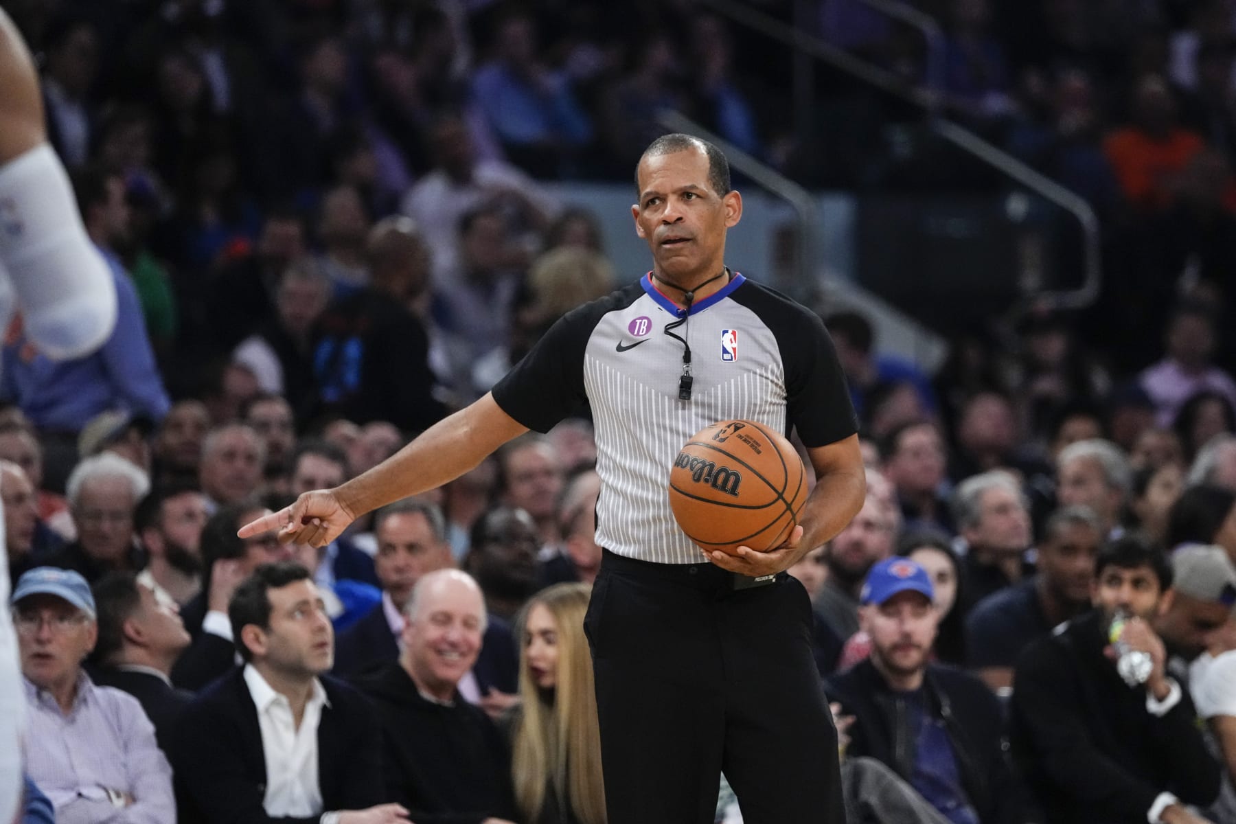Referee Eric Lewis during the first half of Game 5 of the NBA basketball Eastern Conference playoff semifinal between the New York Knicks and the Miami Heat Wednesday, May 10, 2023, in New York. (AP Photo/Frank Franklin II)