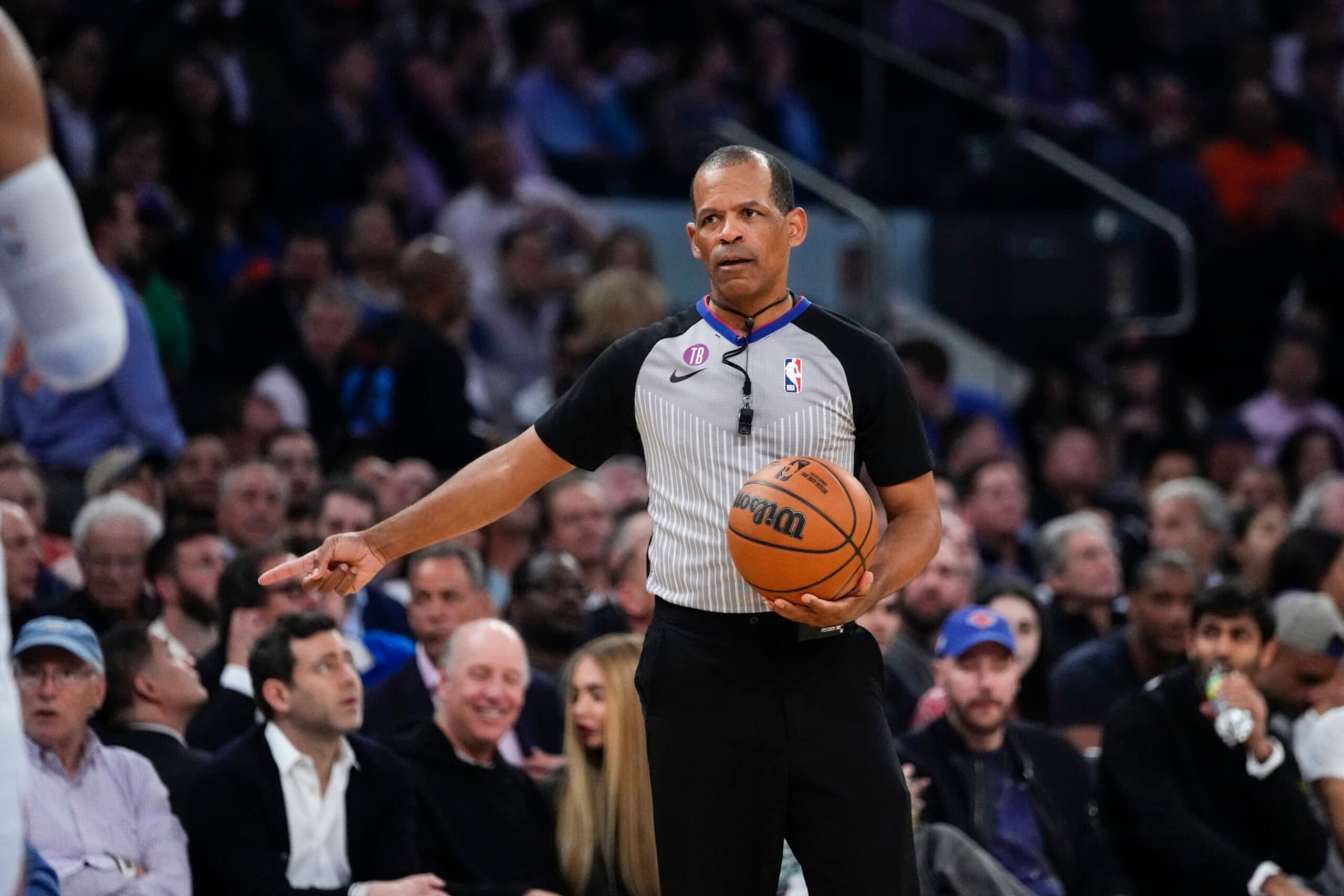 Referee Eric Lewis during the first half of Game 5 of the NBA basketball Eastern Conference playoff semifinal between the New York Knicks and the Miami Heat Wednesday, May 10, 2023, in New York. (AP Photo/Frank Franklin II) Referee Eric Lewis during the first half of Game 5 of the NBA basketball Eastern Conference playoff semifinal between the New York Knicks and the Miami Heat Wednesday, May 10, 2023, in New York. (AP Photo/Frank Franklin II)