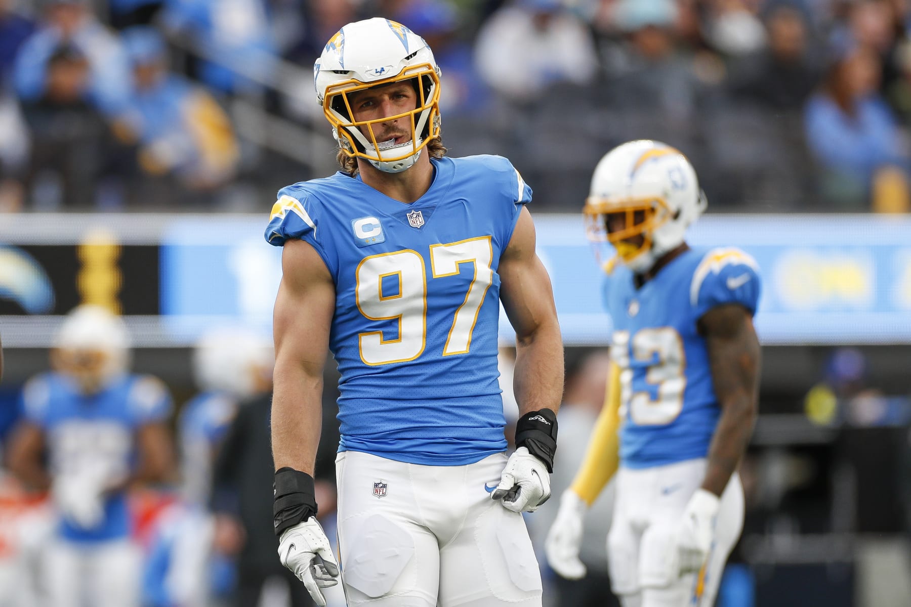 INGLEWOOD, CA - JANUARY 01: Los Angeles Chargers linebacker Joey Bosa (97) looks on during an NFL regular season game between the Los Angeles Rams and the Los Angeles Chargers on January 01, 2023, at SoFi Stadium in Inglewood, CA. (Photo by Brandon Sloter/Icon Sportswire via Getty Images)