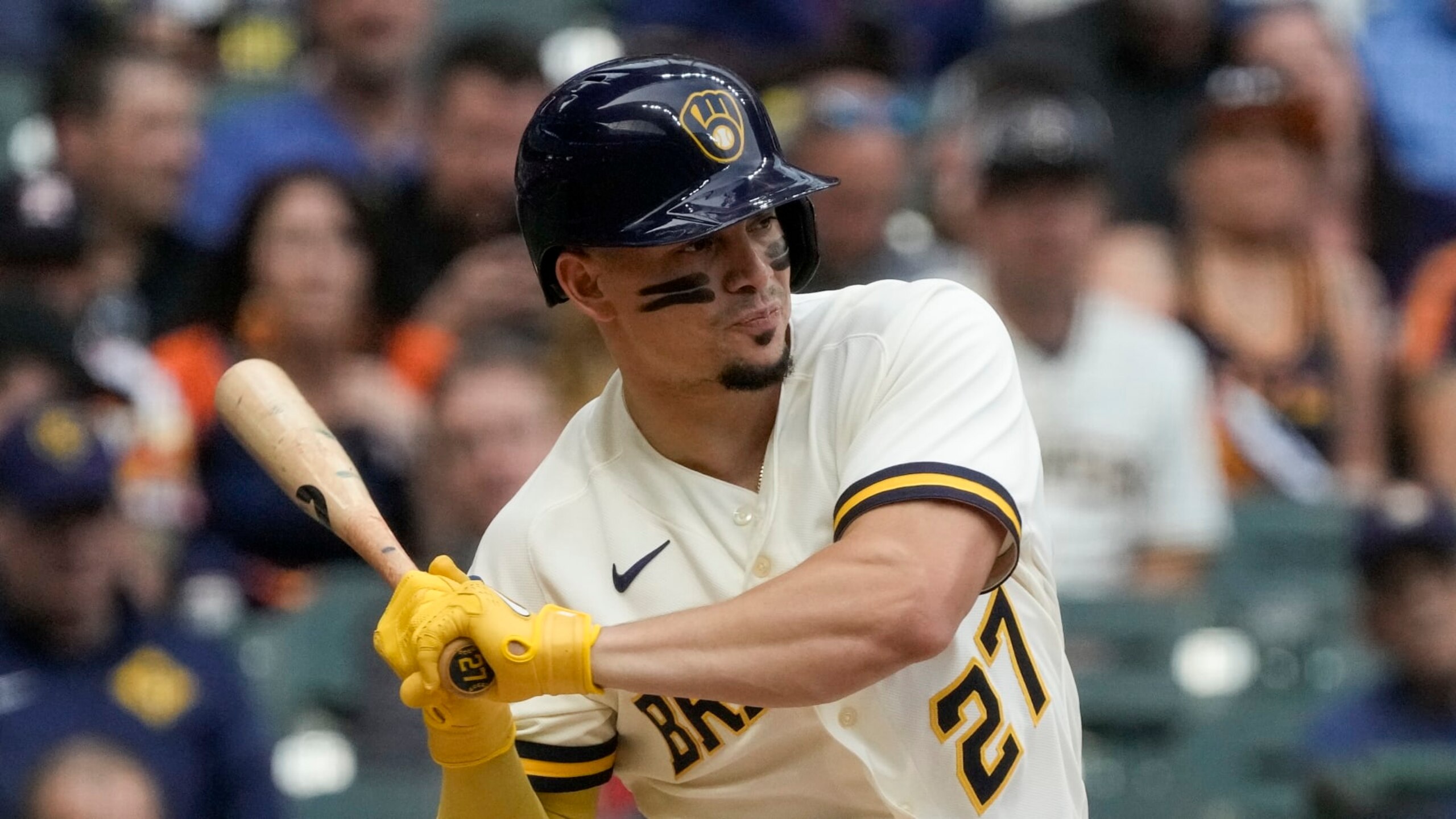 Milwaukee Brewers' Willy Adames during the first inning of a baseball game against the Houston Astros Monday, May 22, 2023, in Milwaukee. (AP Photo/Morry Gash)