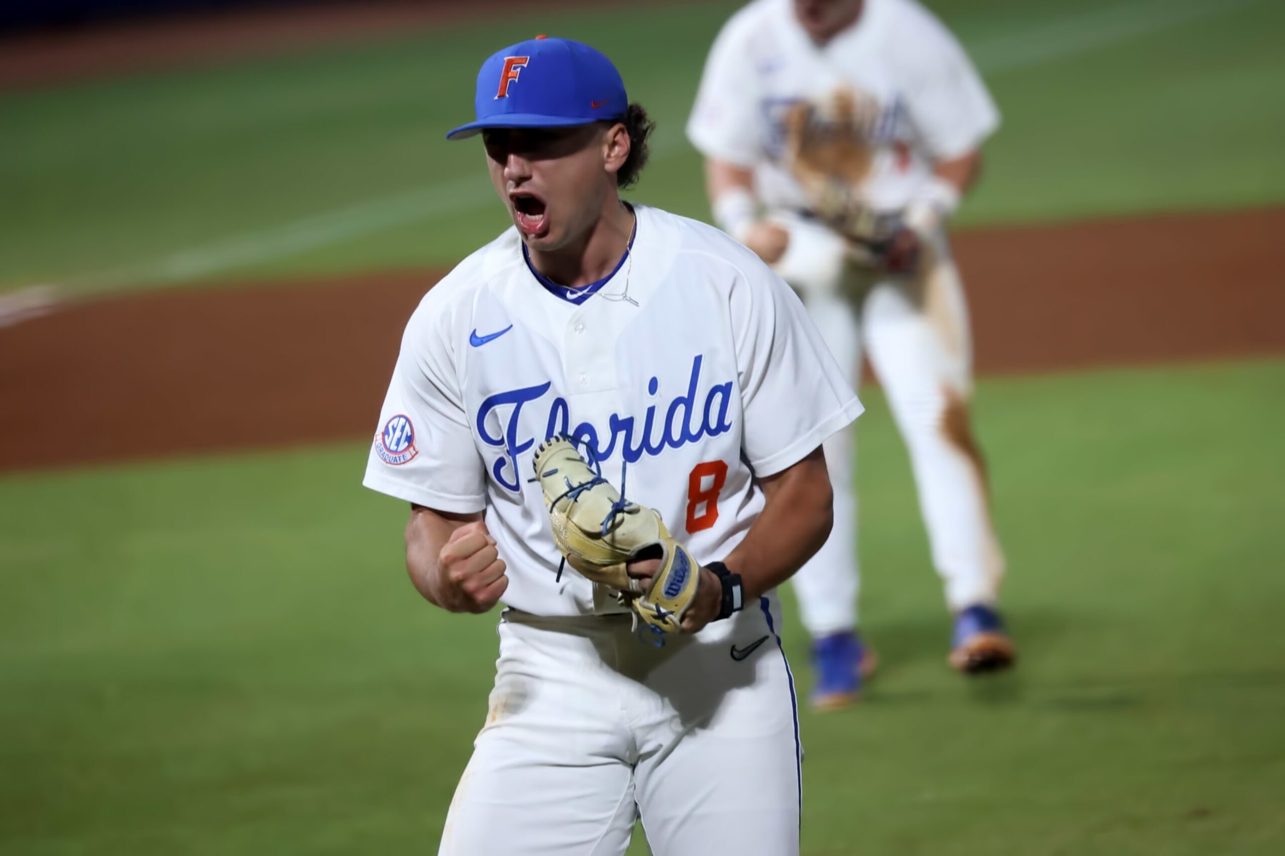 HOOVER, AL - MAY 25: Florida Gators pitcher Brandon Sproat (8) during the 2023 SEC Baseball Tournament game between the Vanderbilt Commodores and the Florida Gators on May 25, 2023 at Hoover Metropolitan Stadium in Hoover, Alabama.  (Photo by Michael Wade/Icon Sportswire via Getty Images)