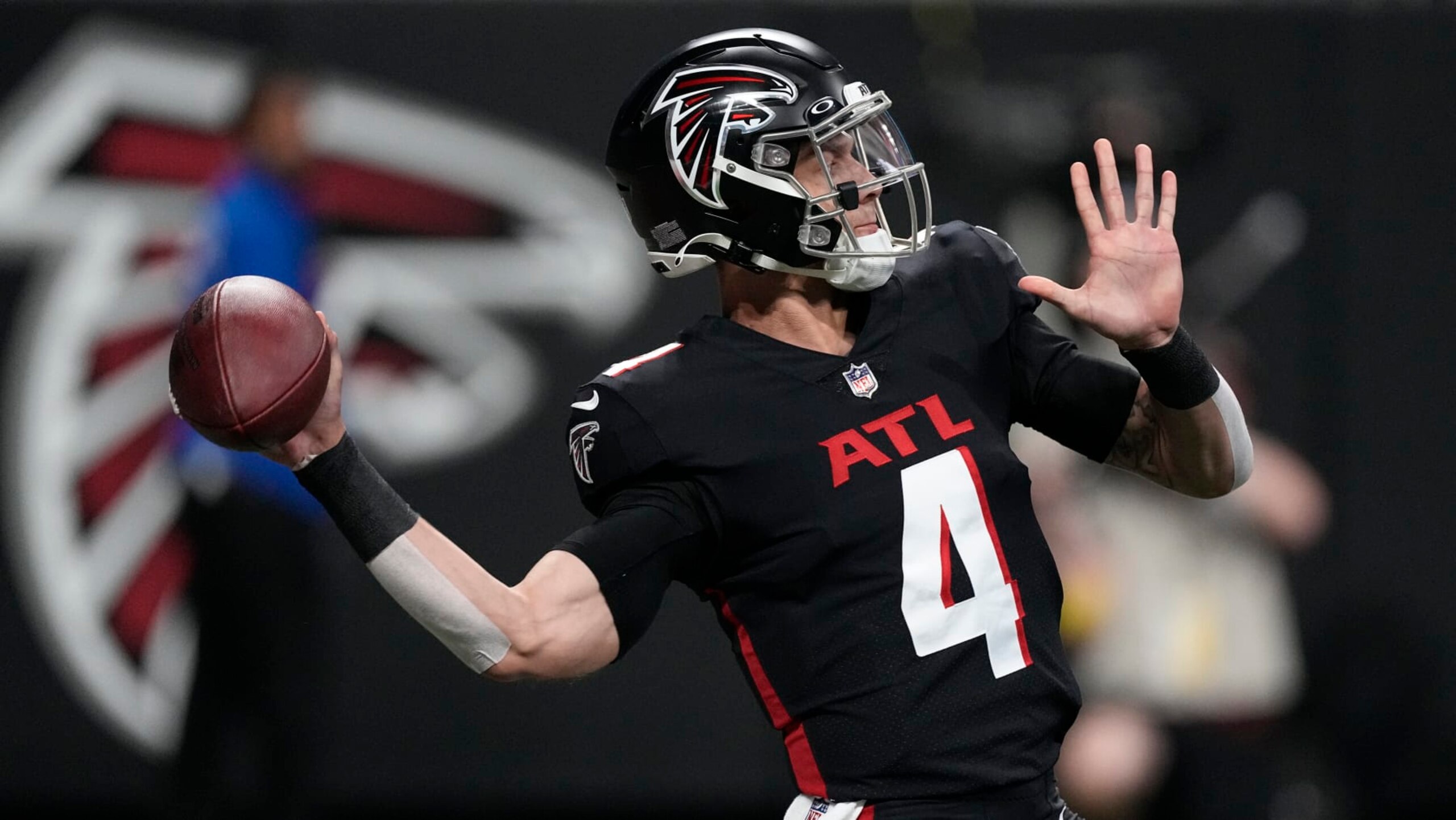 Atlanta Falcons quarterback Desmond Ridder (4) throws a pass during an NFL football game against the Tampa Bay Buccaneers Sunday, Jan. 8, 2023, in Atlanta. (AP Photo/John Bazemore) Atlanta Falcons quarterback Desmond Ridder (4) throws a pass during an NFL football game against the Tampa Bay Buccaneers Sunday, Jan. 8, 2023, in Atlanta. (AP Photo/John Bazemore)