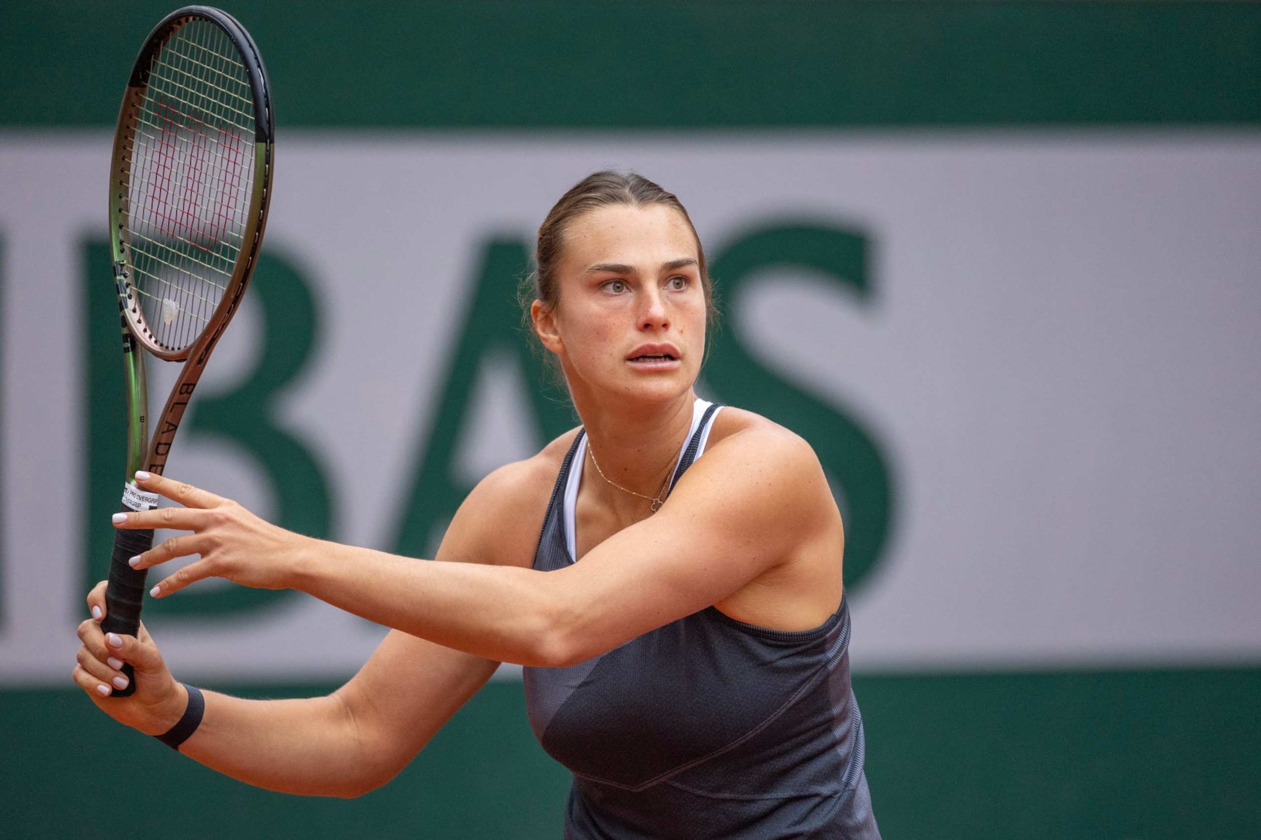 PARIS, FRANCE - MAY 23. Aryna Sabalenka of Belarus during practice on Court Suzanne Lenglen in preparation for the 2023 French Open Tennis Tournament at Roland Garros on May 23, 2023, in Paris, France. (Photo by Tim Clayton/Corbis via Getty Images) PARIS, FRANCE - MAY 23. Aryna Sabalenka of Belarus during practice on Court Suzanne Lenglen in preparation for the 2023 French Open Tennis Tournament at Roland Garros on May 23, 2023, in Paris, France. (Photo by Tim Clayton/Corbis via Getty Images)