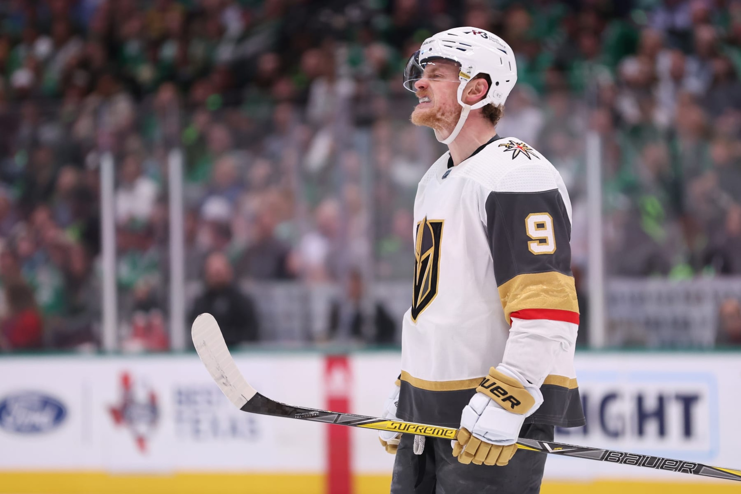 DALLAS, TEXAS - MAY 25: Jack Eichel #9 of the Vegas Golden Knights reacts against the Dallas Stars during the second period in Game Four of the Western Conference Final of the 2023 Stanley Cup Playoffs at American Airlines Center on May 25, 2023 in Dallas, Texas. (Photo by Steph Chambers/Getty Images)