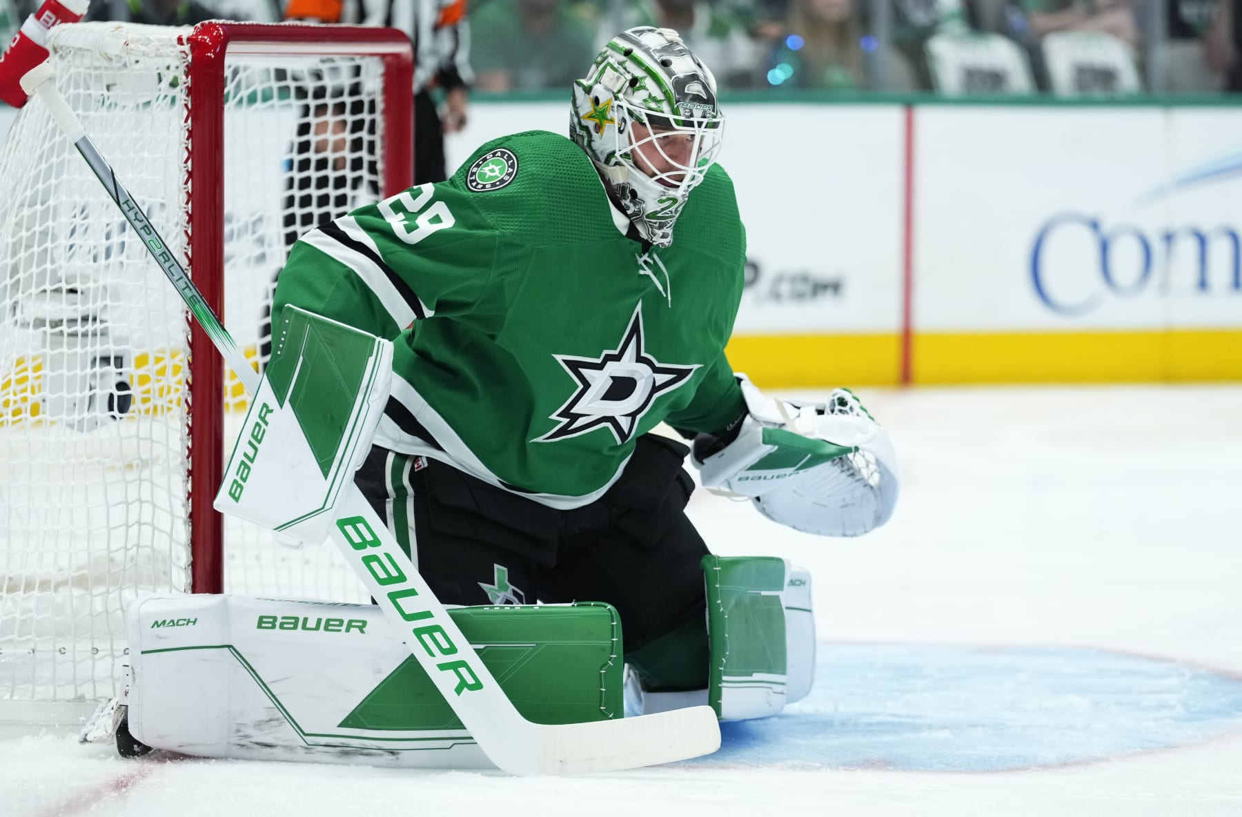 DALLAS, TEXAS - MAY 25: Jake Oettinger #29 of the Dallas Stars tends net during the first period against the Vegas Golden Knights in Game Four of the Western Conference Final of the 2023 Stanley Cup Playoffs at American Airlines Center on May 25, 2023 in Dallas, Texas. (Photo by Jeff Bottari/NHLI via Getty Images)