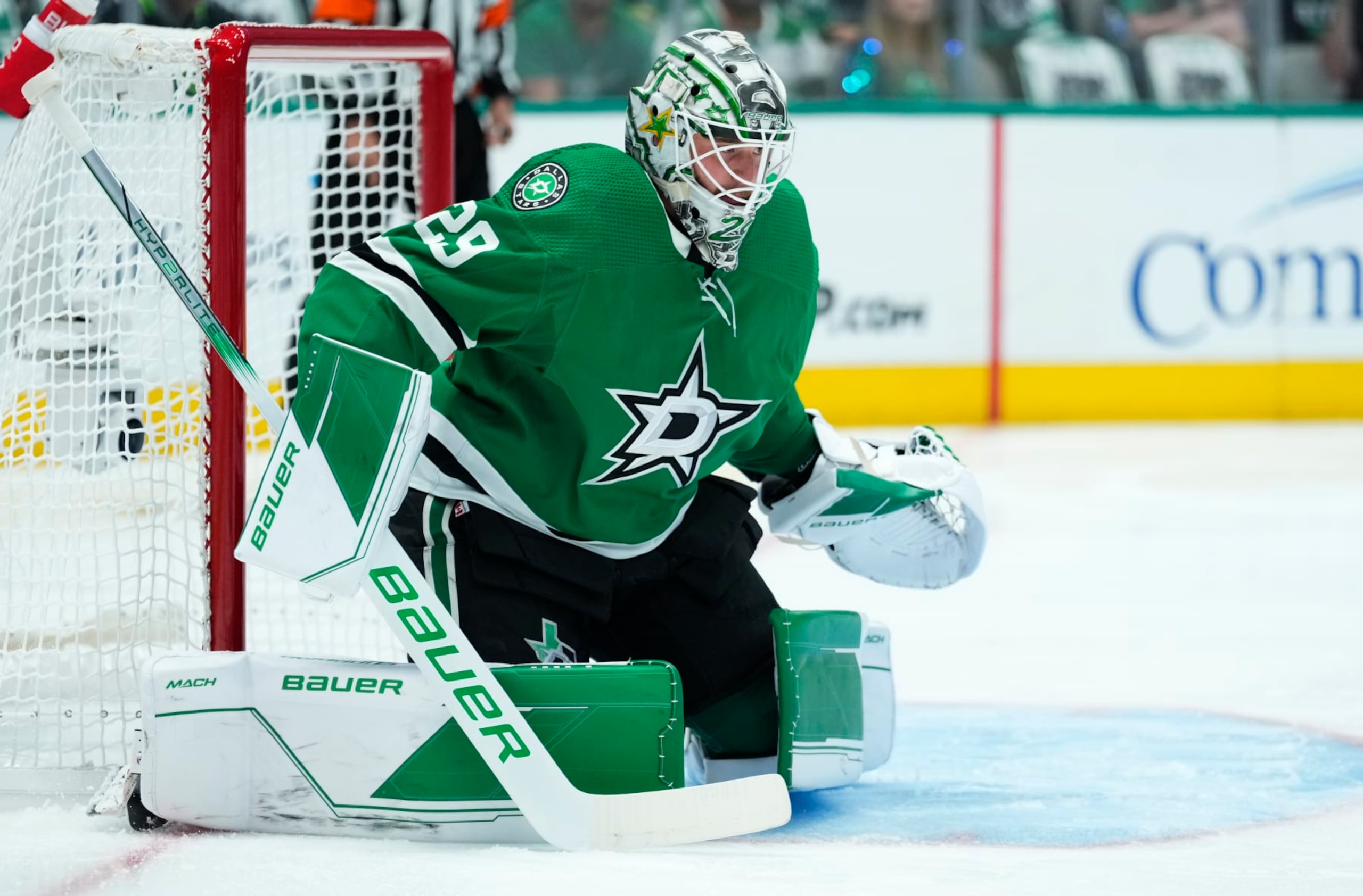 DALLAS, TEXAS - MAY 25: Jake Oettinger #29 of the Dallas Stars tends net during the first period against the Vegas Golden Knights in Game Four of the Western Conference Final of the 2023 Stanley Cup Playoffs at American Airlines Center on May 25, 2023 in Dallas, Texas. (Photo by Jeff Bottari/NHLI via Getty Images)