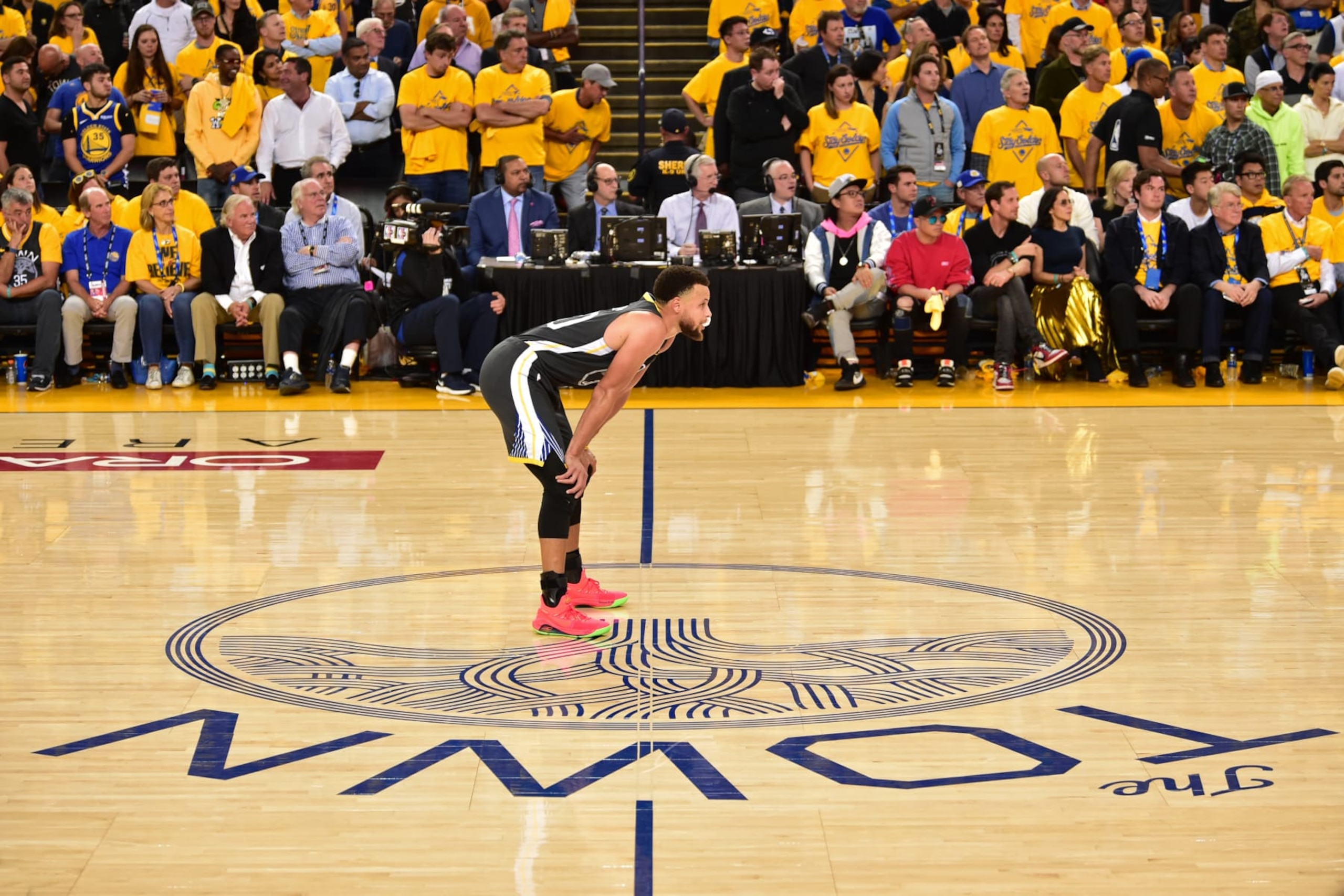 OAKLAND, CA - JUNE 13: Stephen Curry #30 of the Golden State Warriors looks on during Game Six of the NBA Finals against the Toronto Raptors on June 13, 2019 at ORACLE Arena in Oakland, California. NOTE TO USER: User expressly acknowledges and agrees that, by downloading and/or using this photograph, user is consenting to the terms and conditions of Getty Images License Agreement. Mandatory Copyright Notice: Copyright 2019 NBAE (Photo by David Dow/NBAE via Getty Images)