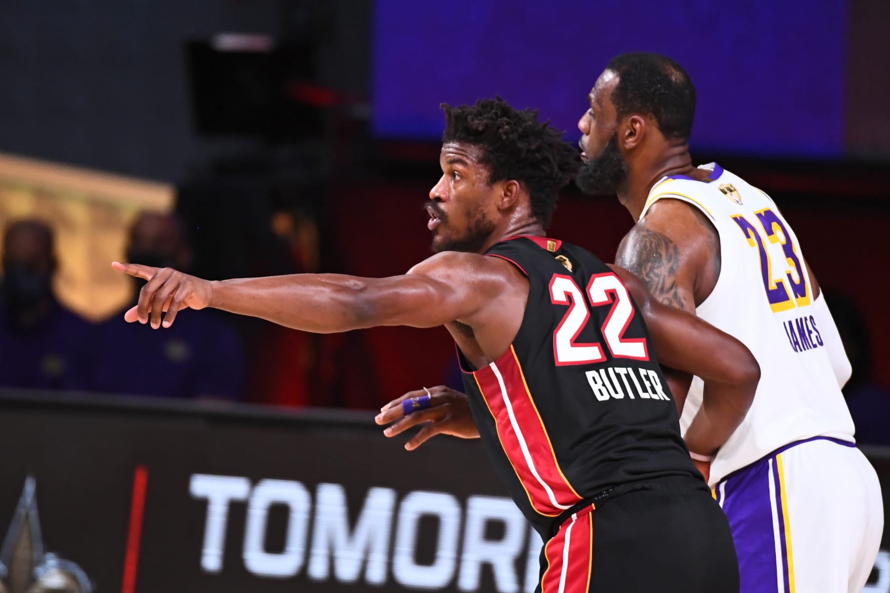 ORLANDO, FL - OCTOBER 11: Jimmy Butler #22 of the Miami Heat and LeBron James #23 of the Los Angeles Lakers fight for position during Game Six of the NBA Finals on October 11, 2020 at the AdventHealth Arena at ESPN Wide World Of Sports Complex in Orlando, Florida. NOTE TO USER: User expressly acknowledges and agrees that, by downloading and/or using this Photograph, user is consenting to the terms and conditions of the Getty Images License Agreement. Mandatory Copyright Notice: Copyright 2020 NBAE (Photo by Garrett Ellwood/NBAE via Getty Images)