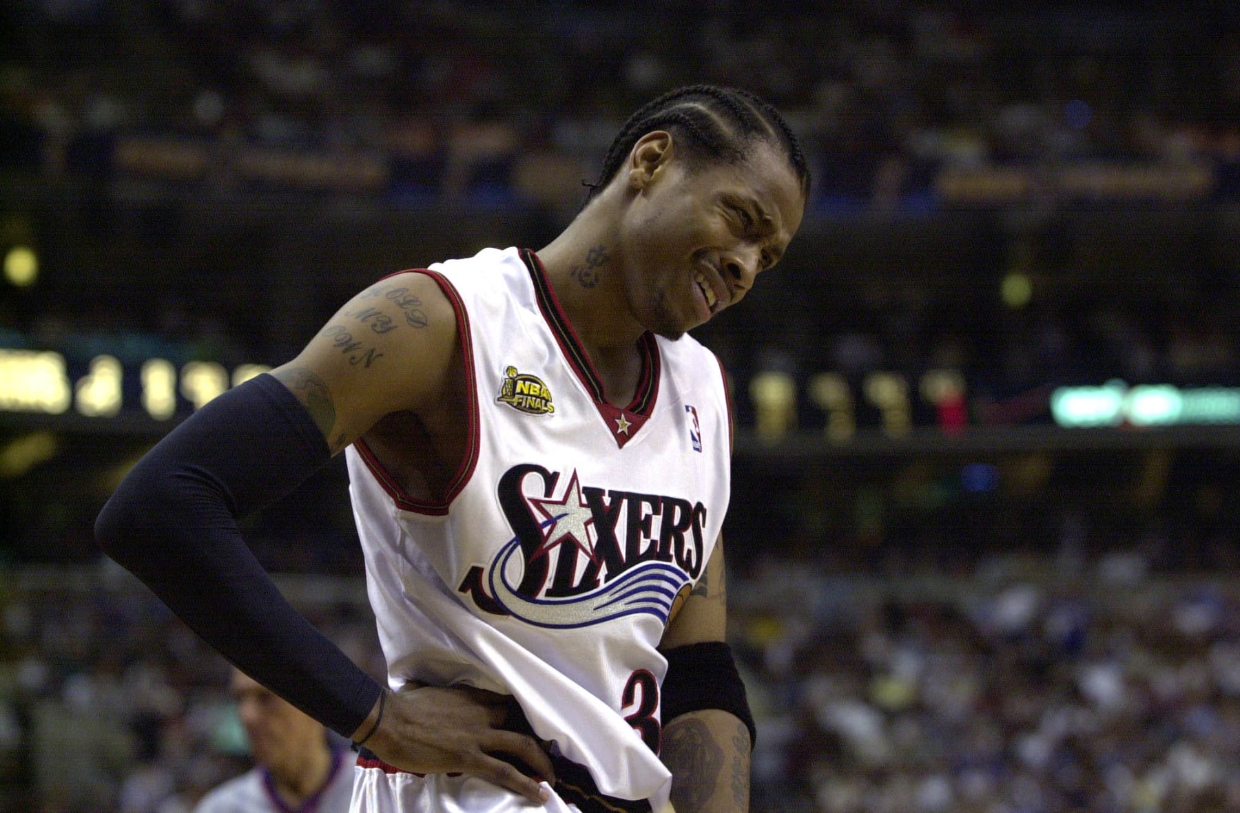 15 Jun 2001:  Allen Iverson #3 of the Philadelphia 76ers reacts after a foul call in game five of the NBA Finals against the Los Angeles Lakers at the First Union Center in Philadelphia, Pennsylvania.  The Lakers won 108-86 to take the series 4-1 and the NBA Championship Title. DIGITAL IMAGE.  Mandatory Credit: Ezra O. Shaw/Allsport.