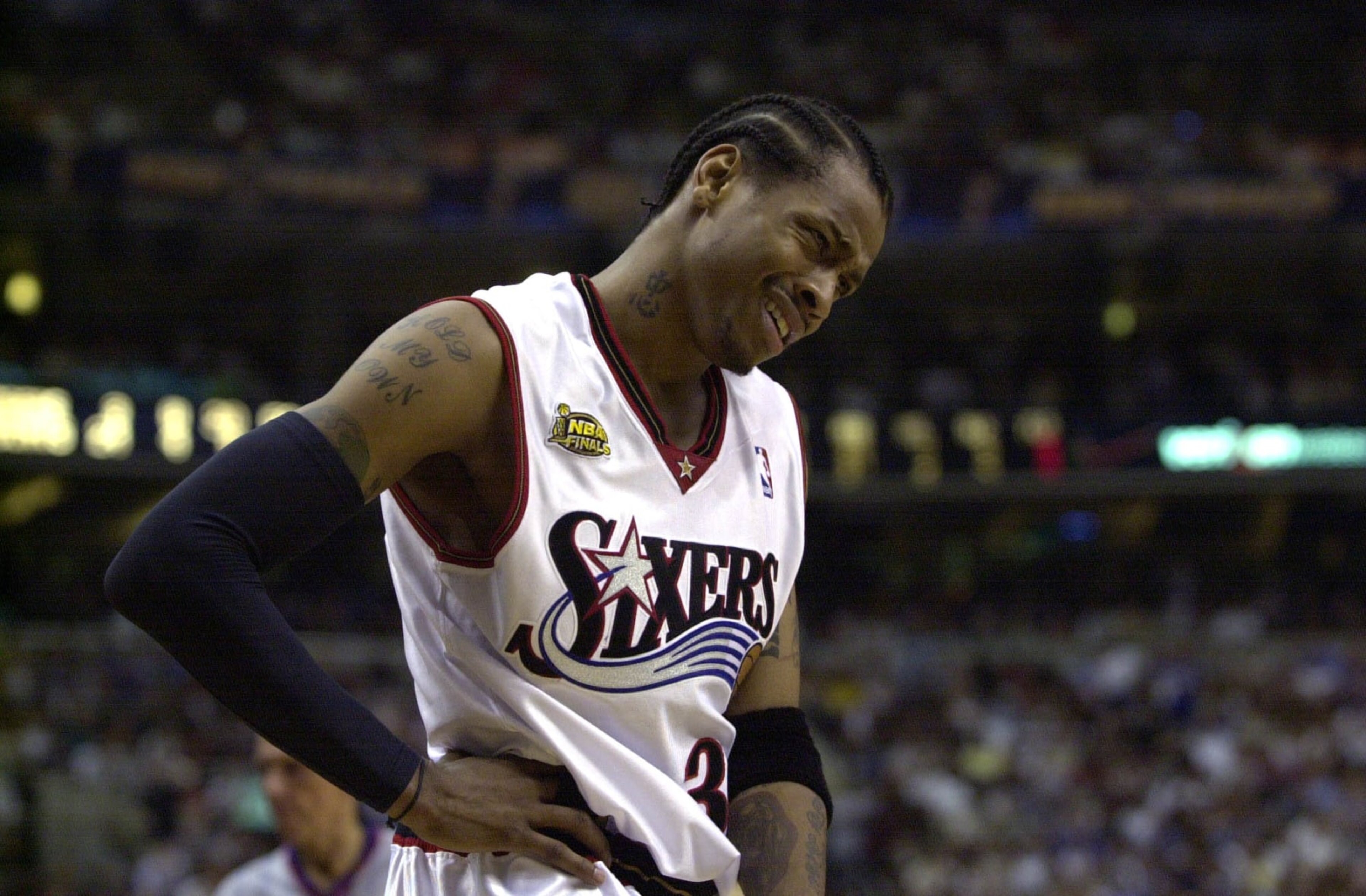 15 Jun 2001:  Allen Iverson #3 of the Philadelphia 76ers reacts after a foul call in game five of the NBA Finals against the Los Angeles Lakers at the First Union Center in Philadelphia, Pennsylvania.  The Lakers won 108-86 to take the series 4-1 and the NBA Championship Title. DIGITAL IMAGE.  Mandatory Credit: Ezra O. Shaw/Allsport.