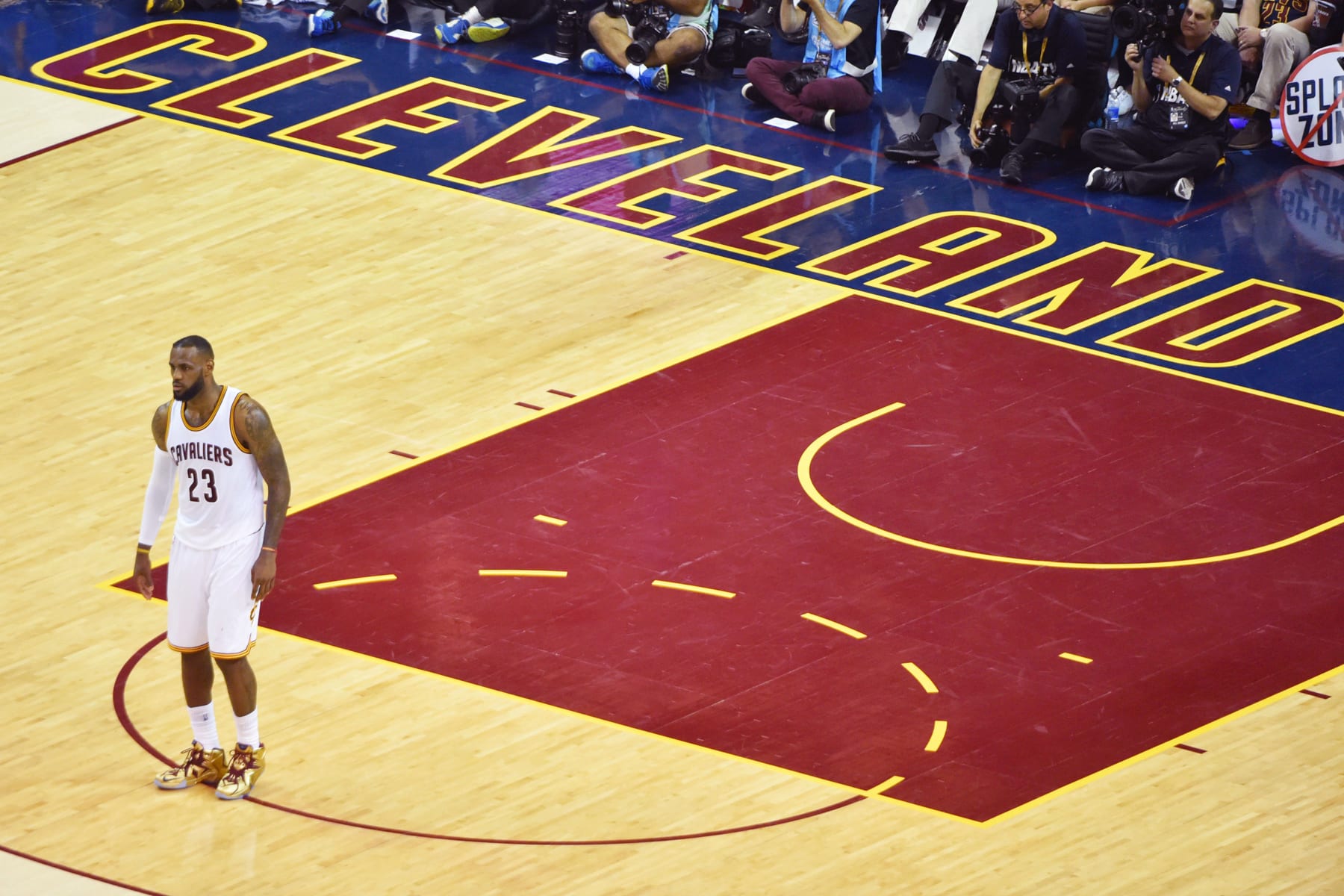 CLEVELAND, OH - JUNE 16:  LeBron James #23 of the Cleveland Cavaliers looks on during the game against the Golden State Warriors in Game Six of the 2015 NBA Finals at The Quicken Loans Arena on June 16, 2015 in Cleveland, Ohio. NOTE TO USER: User expressly acknowledges and agrees that, by downloading and/or using this Photograph, user is consenting to the terms and conditions of the Getty Images License Agreement. Mandatory Copyright Notice: Copyright 2015 NBAE (Photo by Jesse D. Garrabrant/NBAE via Getty Images)