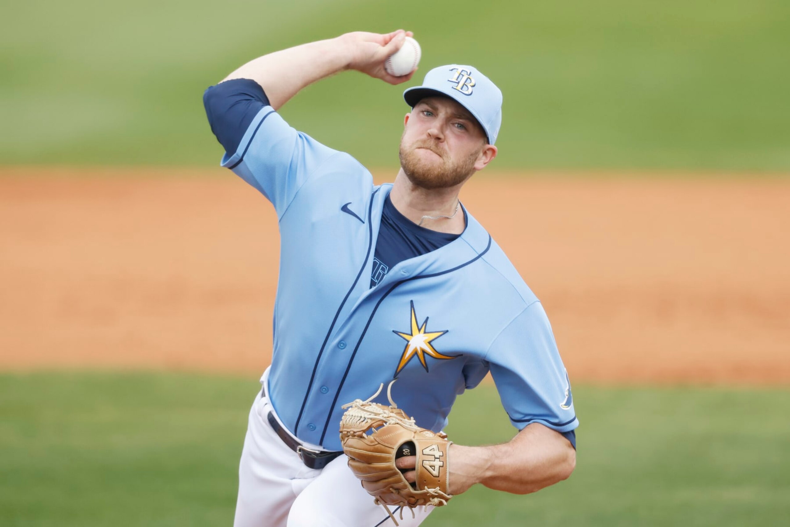PORT CHARLOTTE, FLORIDA - MARCH 21: David Hess #47 of the Tampa Bay Rays delivers a pitch against the Atlanta Braves during a Grapefruit League spring training game at Charlotte Sports Park on March 21, 2021 in Port Charlotte, Florida. (Photo by Michael Reaves/Getty Images)