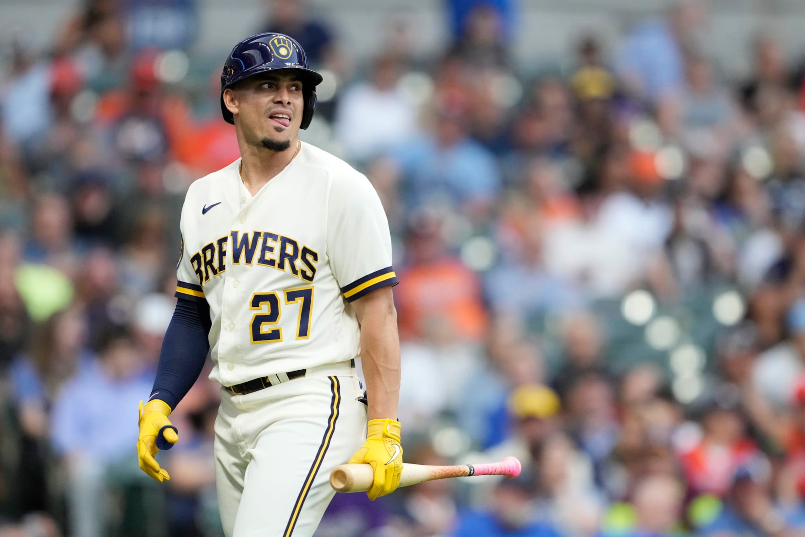 MILWAUKEE, WISCONSIN - MAY 23: Willy Adames #27 of the Milwaukee Brewers reacts after striking out in the third inning against the Houston Astros at American Family Field on May 23, 2023 in Milwaukee, Wisconsin. (Photo by Patrick McDermott/Getty Images) MILWAUKEE, WISCONSIN - MAY 23: Willy Adames #27 of the Milwaukee Brewers reacts after striking out in the third inning against the Houston Astros at American Family Field on May 23, 2023 in Milwaukee, Wisconsin. (Photo by Patrick McDermott/Getty Images)