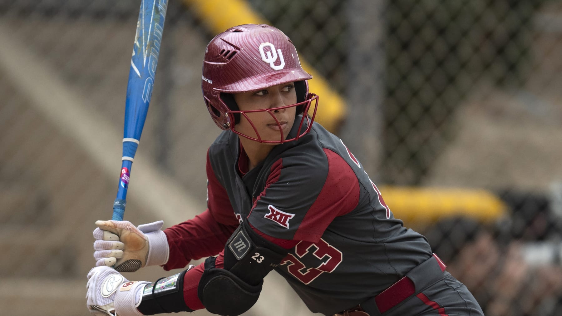 Oklahoma's Tiare Jennings (23) bats during an NCAA softball game against Texas A&M on Friday, Feb. 24, 2023, in Cathedral City, Calif. (AP Photo/Kyusung Gong)