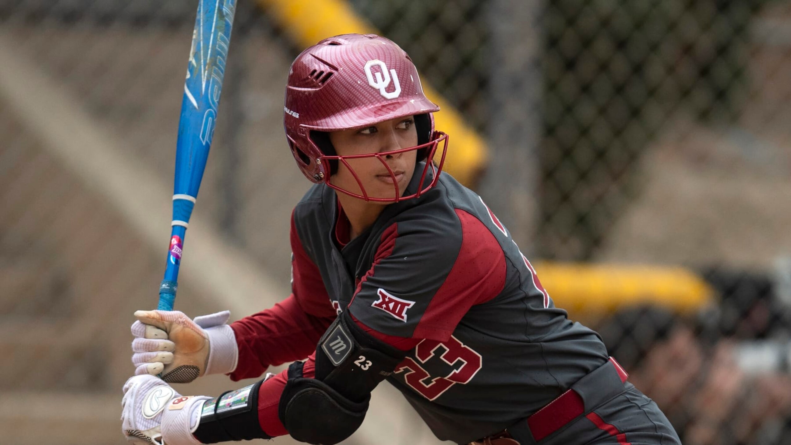 Oklahoma's Tiare Jennings (23) bats during an NCAA softball game against Texas A&M on Friday, Feb. 24, 2023, in Cathedral City, Calif. (AP Photo/Kyusung Gong) Oklahoma's Tiare Jennings (23) bats during an NCAA softball game against Texas A&M on Friday, Feb. 24, 2023, in Cathedral City, Calif. (AP Photo/Kyusung Gong)