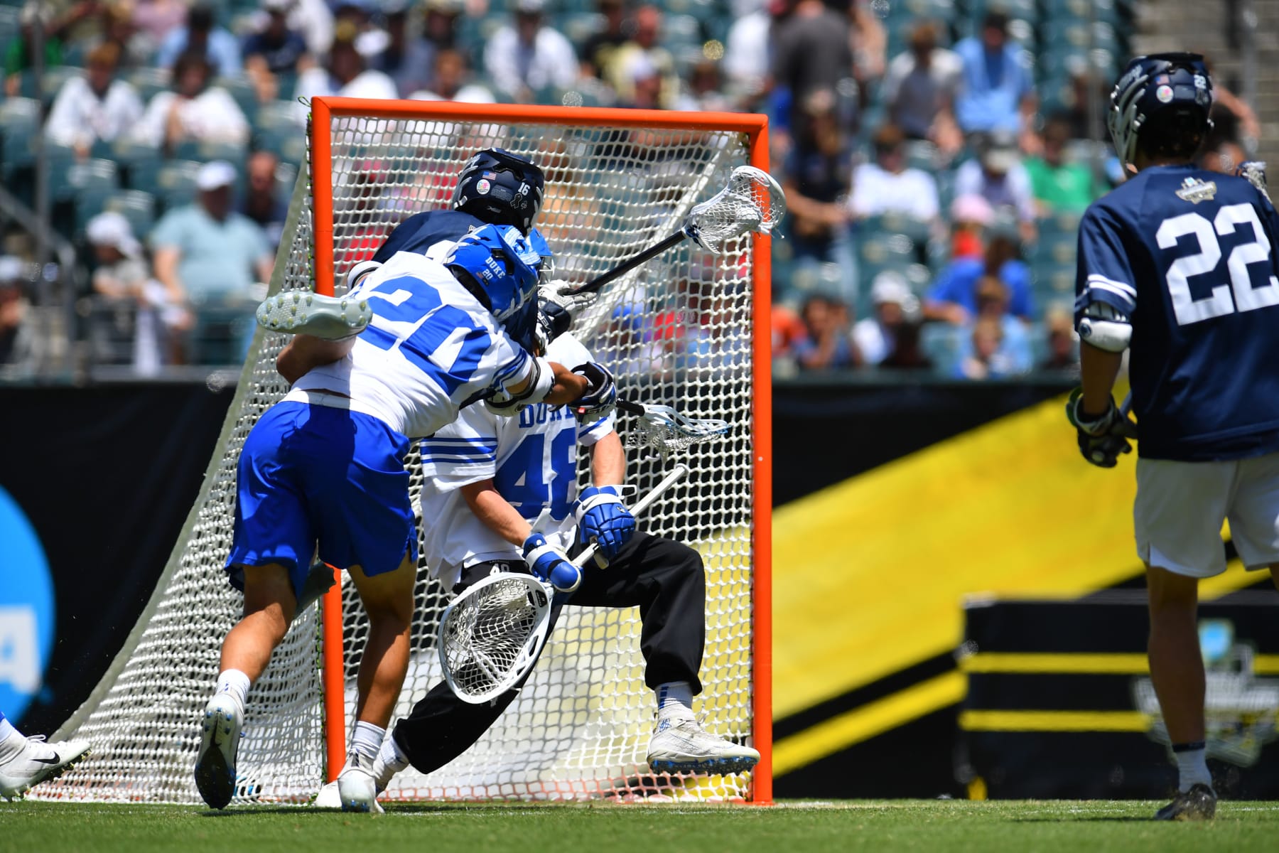 PHILADELPHIA, PA - MAY 27: Jack Traynor #16 of the Penn State Nittany Lions shoots ball against goalie William Helm #48 of the Duke University Blue Devils during the Division I Men's Lacrosse Semifinals held at Lincoln Financial Field on May 27, 2023 in Philadelphia, Pennsylvania. (Photo by Larry French/NCAA Photos via Getty Images)
