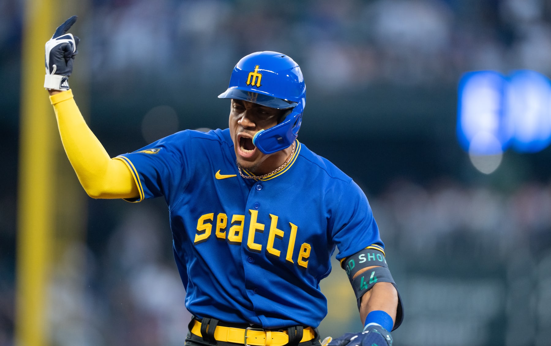 SEATTLE, WA - MAY 26: Julio Rodriguez #44 of the Seattle Mariners celebrates after hitting a two-run single off starting pitcher Mitch Keller #23 of the Pittsburgh Pirates during the fifth inning of a game at T-Mobile Park on May 26, 2023 in Seattle, Washington. (Photo by Stephen Brashear/Getty Images)
