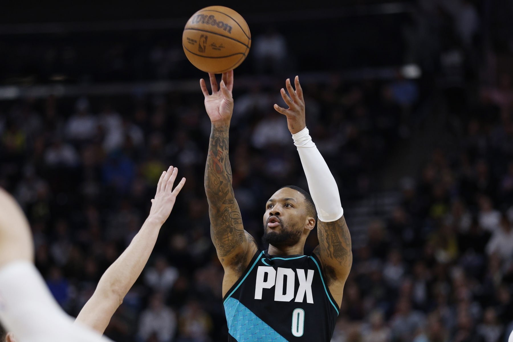 Portland Trail Blazers guard Damian Lillard (0) shoots against the Utah Jazz in the firs half during an NBA basketball game, Wednesday, March 22, 2023, in Salt Lake City. (AP Photo/Jeff Swinger) Portland Trail Blazers guard Damian Lillard (0) shoots against the Utah Jazz in the firs half during an NBA basketball game, Wednesday, March 22, 2023, in Salt Lake City. (AP Photo/Jeff Swinger)