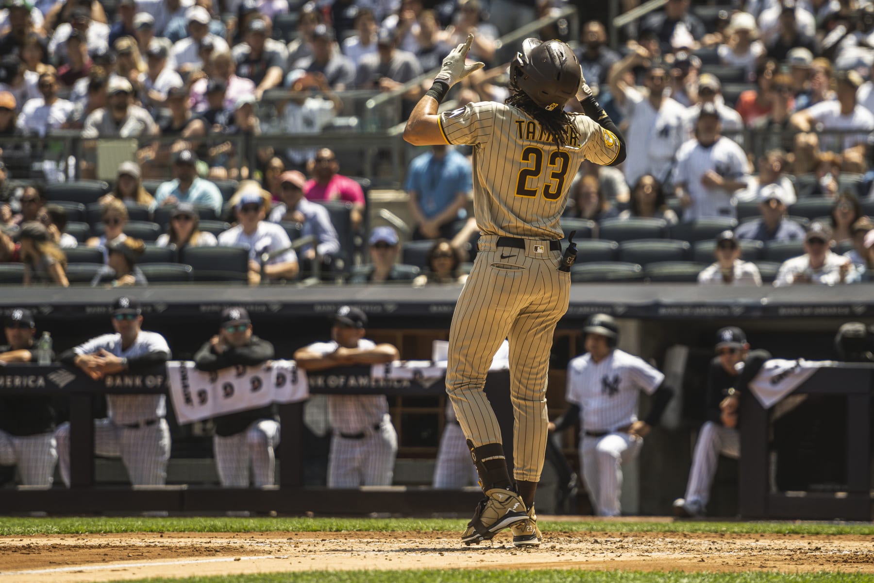 NEW YORK, NEW YORK - MAY 27: Fernando Tatis Jr. #23 of the San Diego Padres celebrates at home plate after hitting a home run in the fourth inning against the New York Yankees at Yankee Stadium on May 27, 2023 in the Bronx borough of New York City. (Photo by Matt Thomas/San Diego Padres/Getty Images)